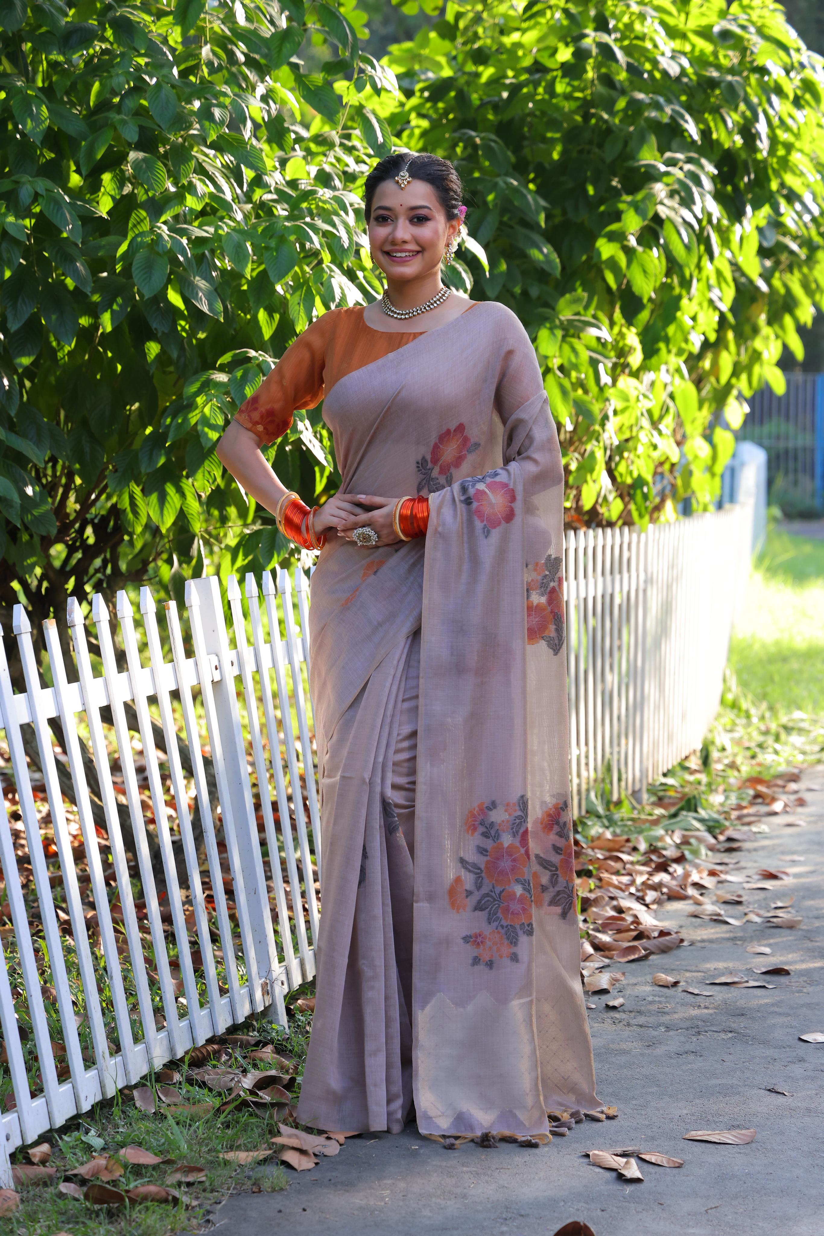 Buy MySilkLove Sea Holly Grey Woven Muga Cotton Saree Online