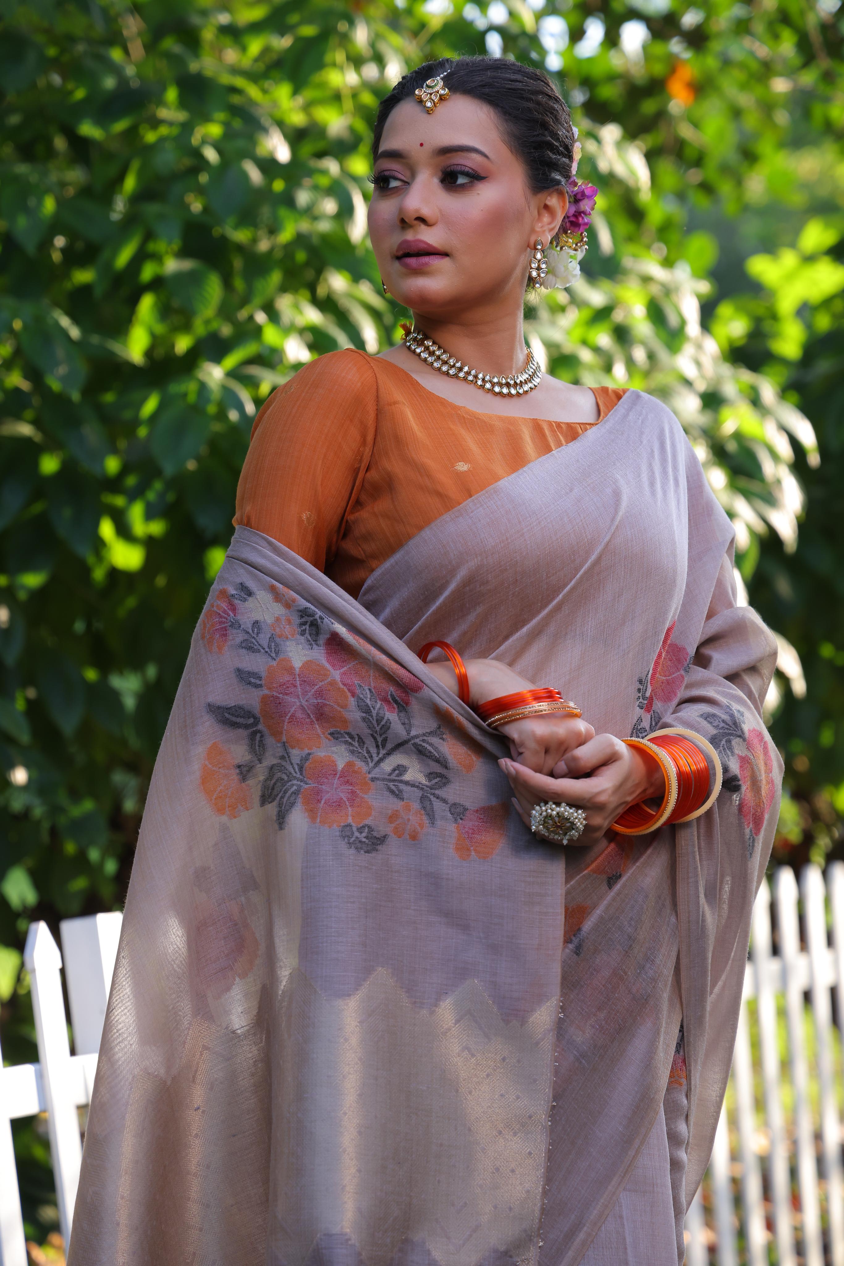 MySilkLove Sea Holly Grey Woven Muga Cotton Saree