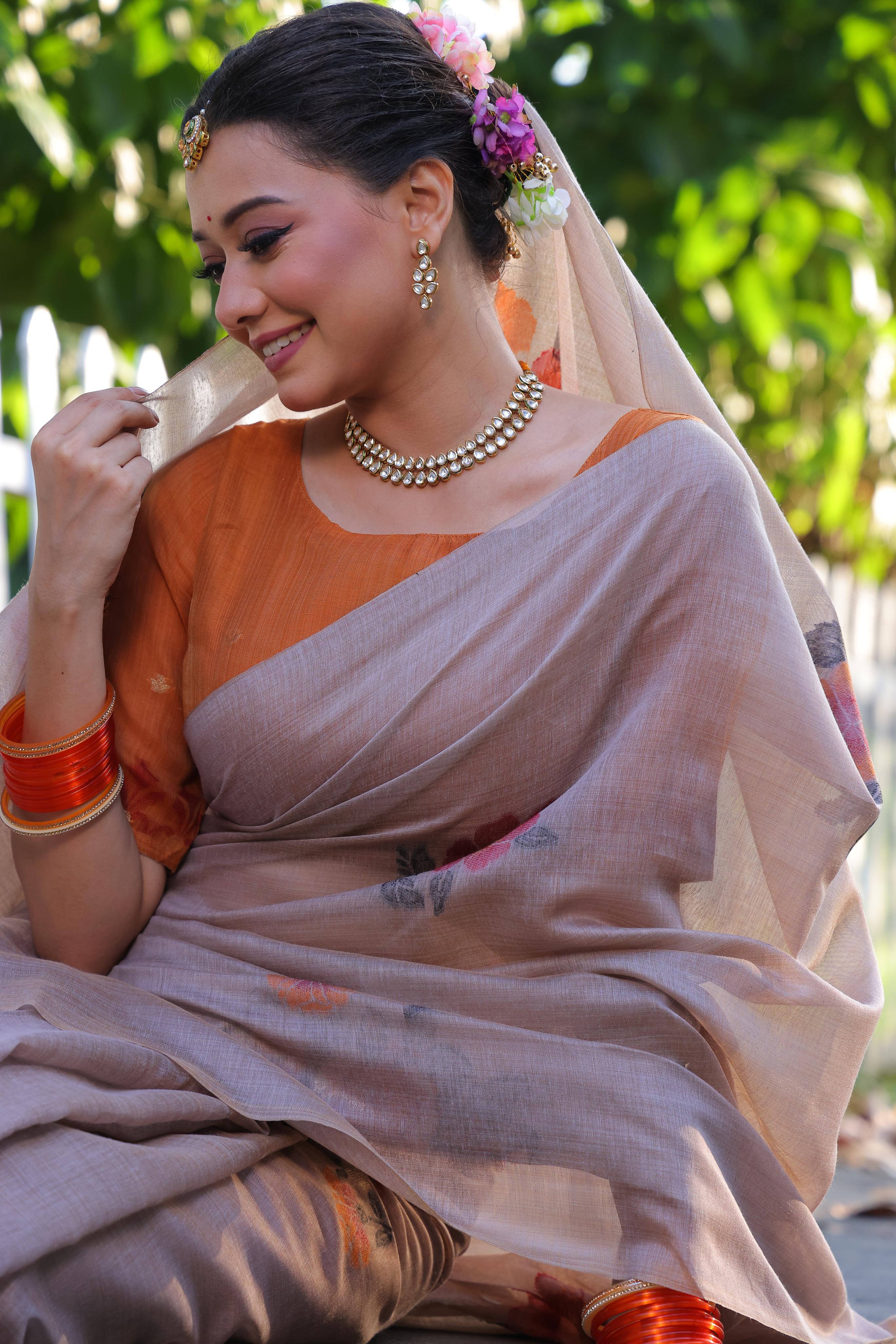 Buy MySilkLove Sea Holly Grey Woven Muga Cotton Saree Online