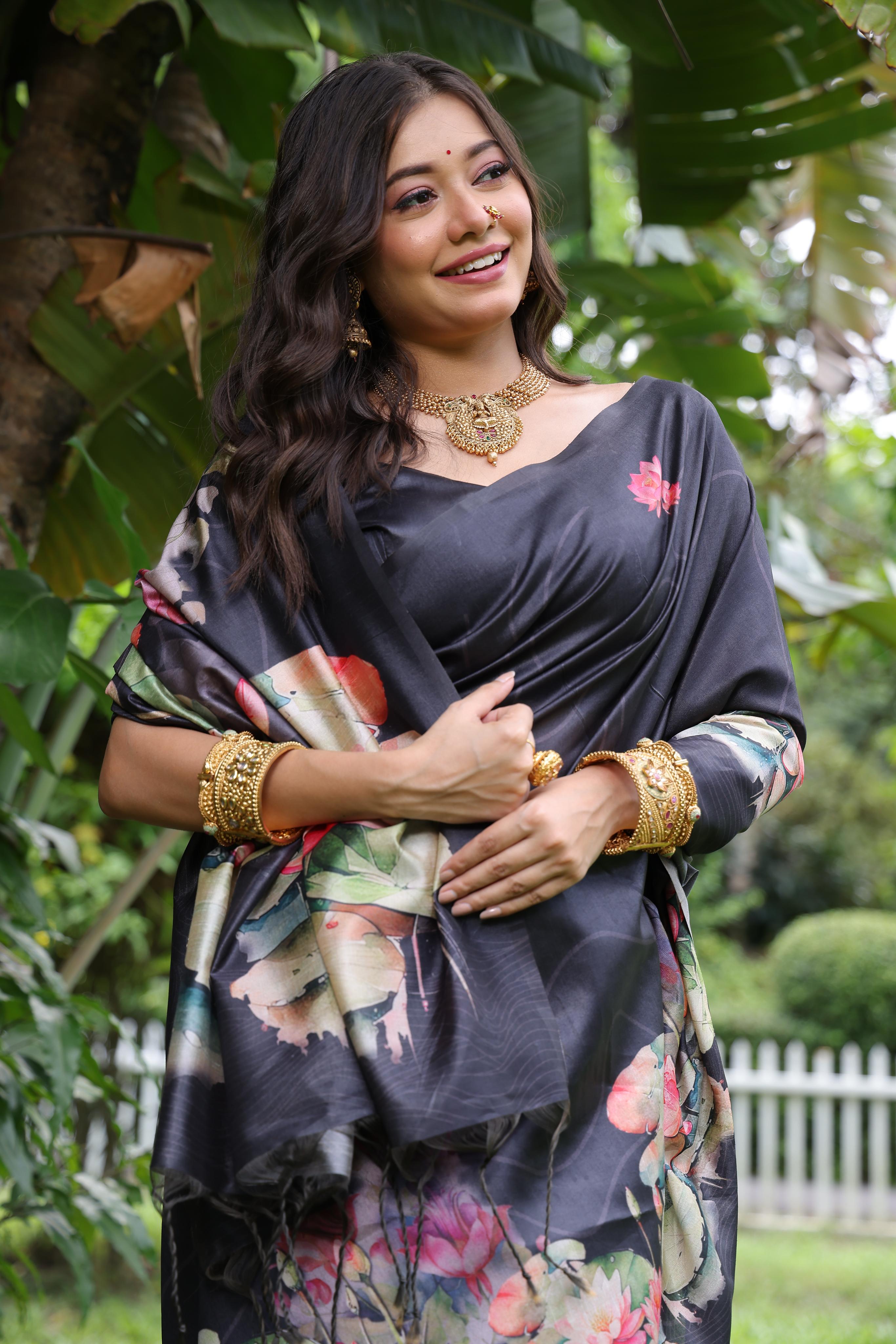 Buy MySilkLove Black Olive Tussar Silk Saree Online