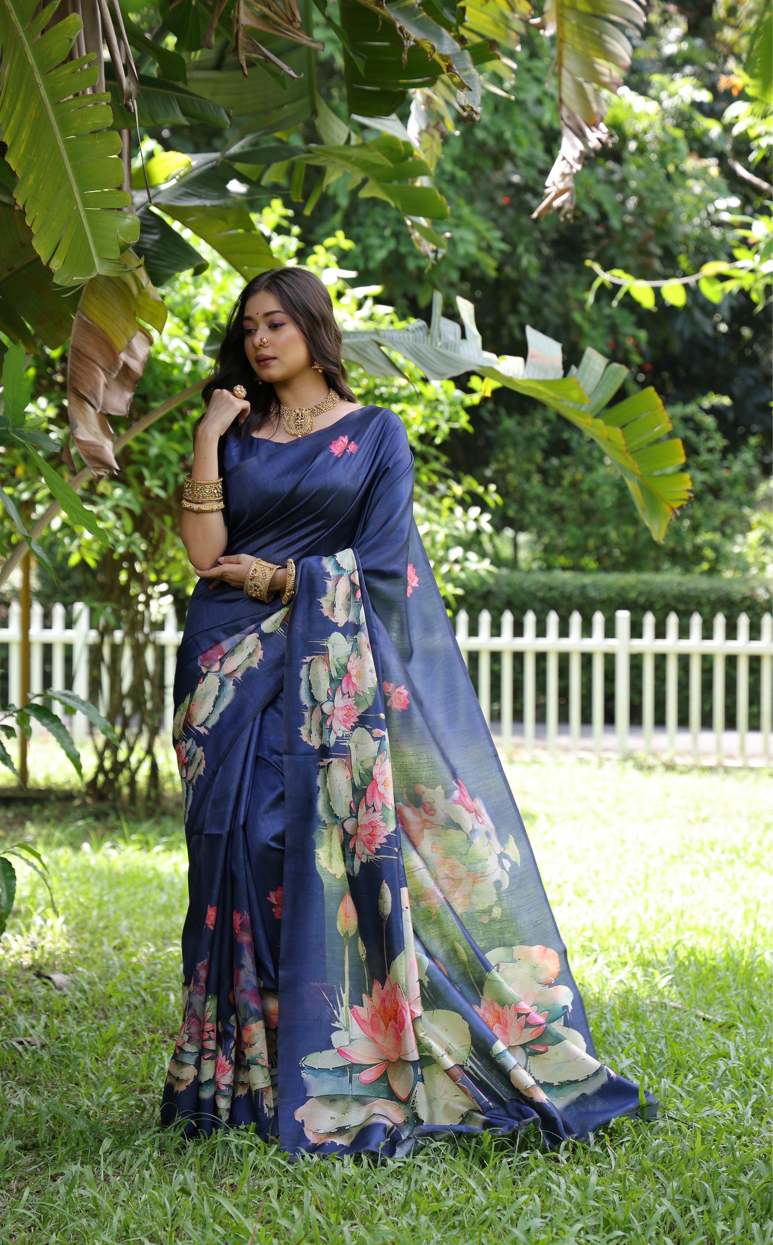 Buy MySilkLove Dusk Blue Tussar Silk Saree Online