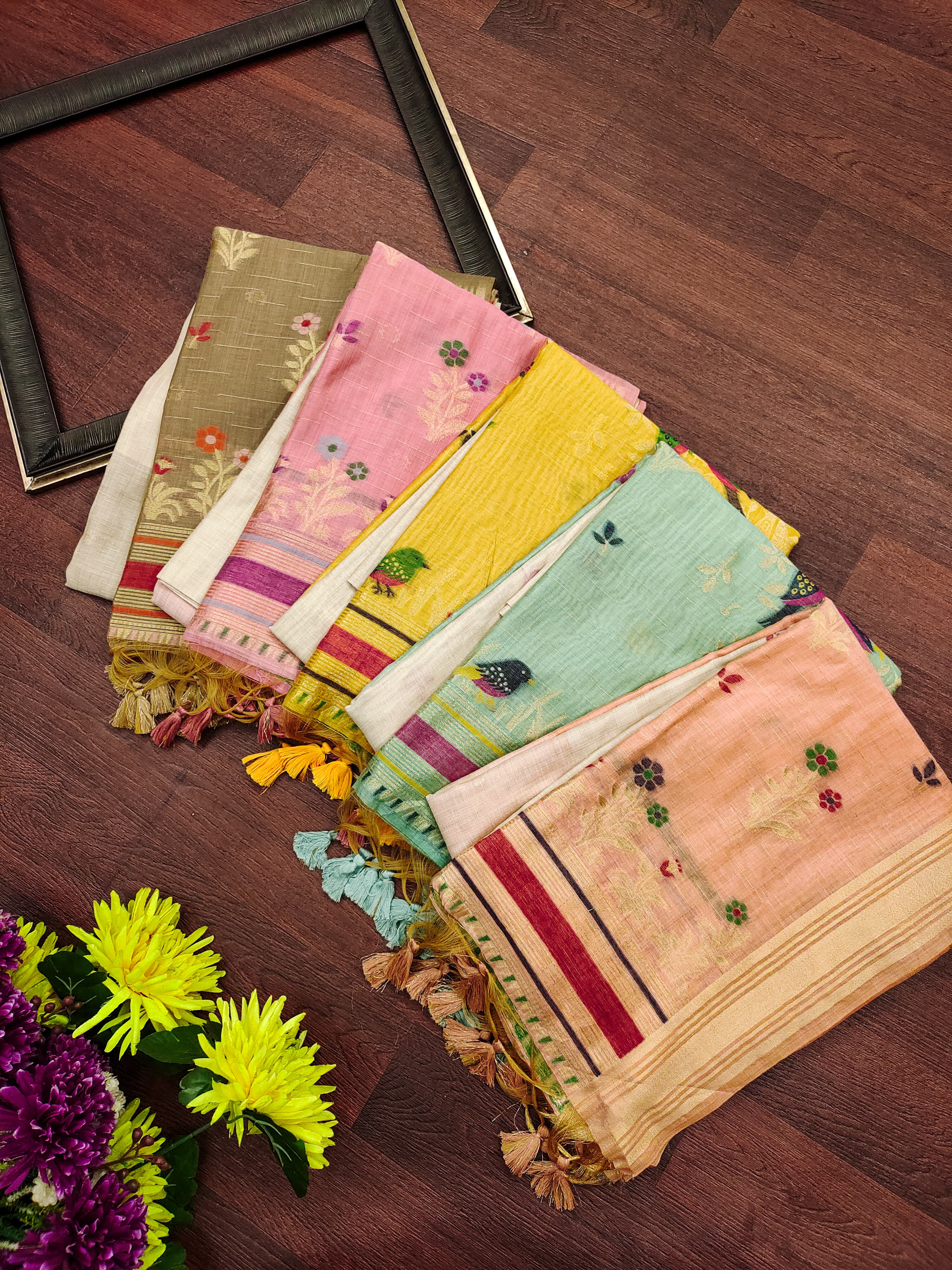 Buy MySilkLove Biscuit Cream and Green Woven Muga Cotton Saree Online