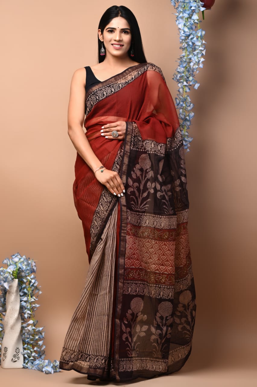 Buy MySilkLove Cherrywood Red Handblock Kota Doriya Saree Online