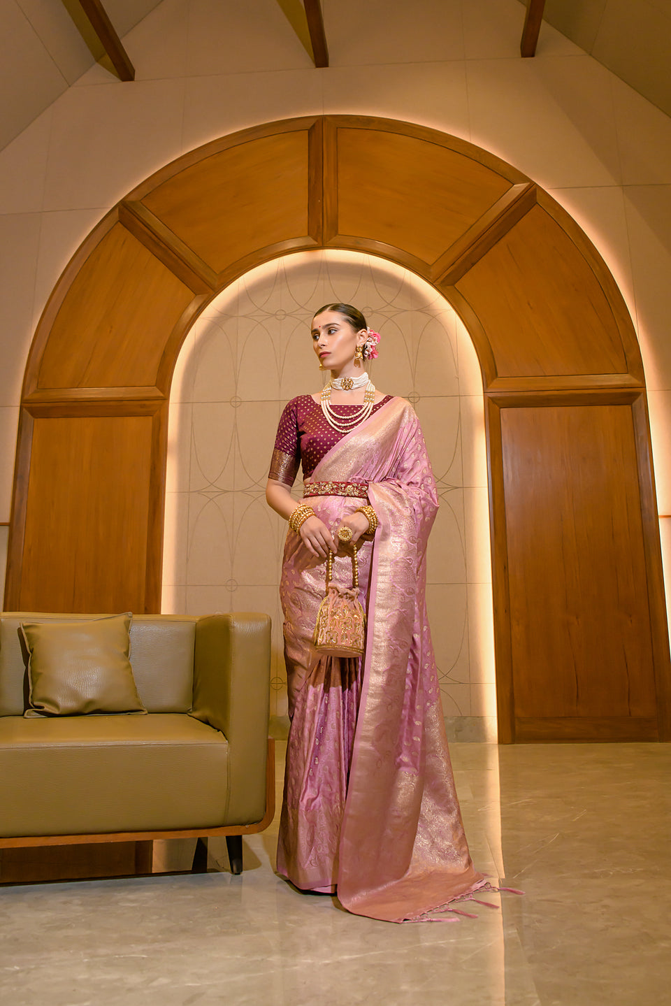 Buy MySilkLove Petite Pink Zari Woven Banarasi Satin Silk Saree Online