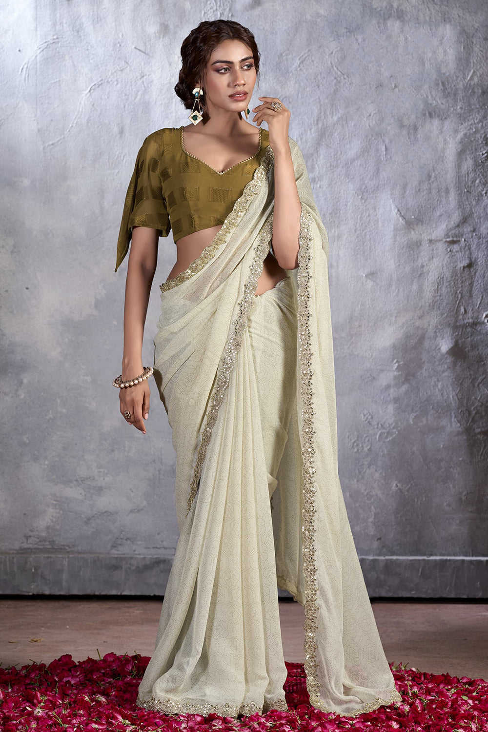 Buy MySilkLove Pearl White Designer Georgette Bandhani Saree Online