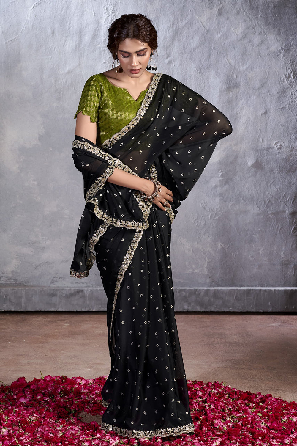 Buy MySilkLove Rio Black Designer Georgette Bandhani Saree Online