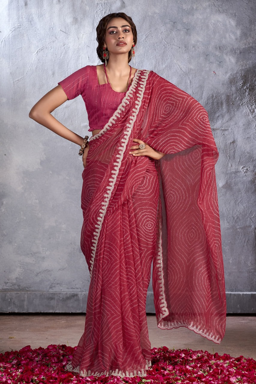 Buy MySilkLove Cherry Pink Designer Georgette Bandhani Saree Online