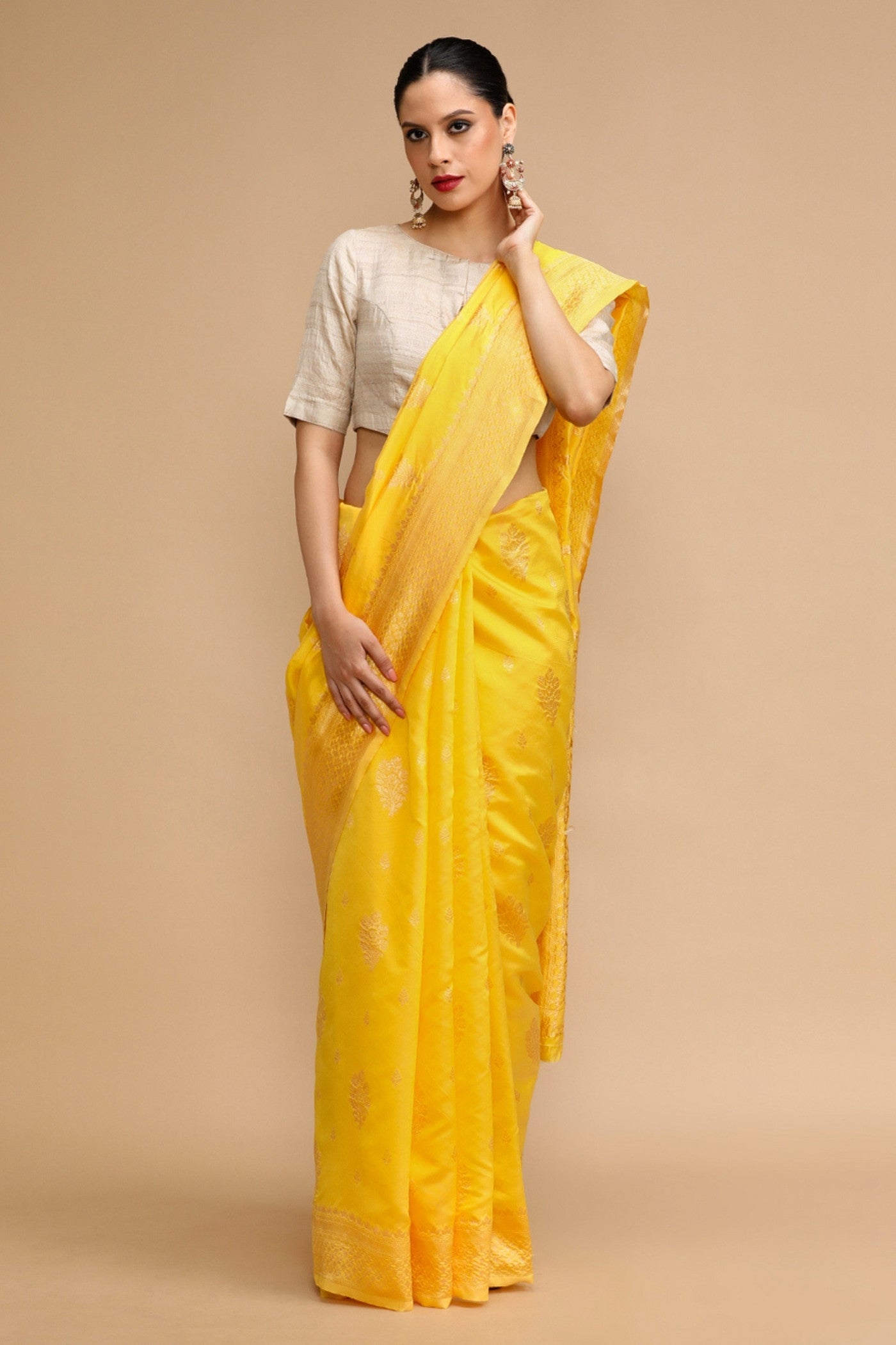 Buy MySilkLove Royal Yellow Woven Jacquard Lichi Silk Saree Online