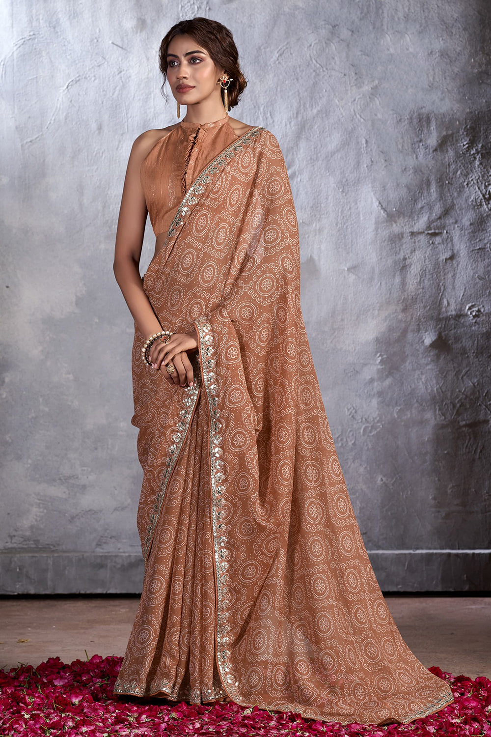 Buy MySilkLove Ironstone Brown Designer Georgette Bandhani Saree Online