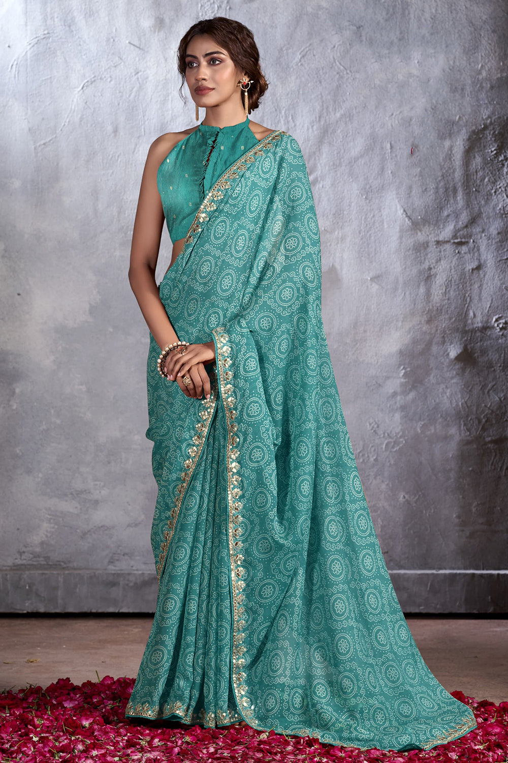 Buy MySilkLove Winter Blue Designer Georgette Bandhani Saree Online