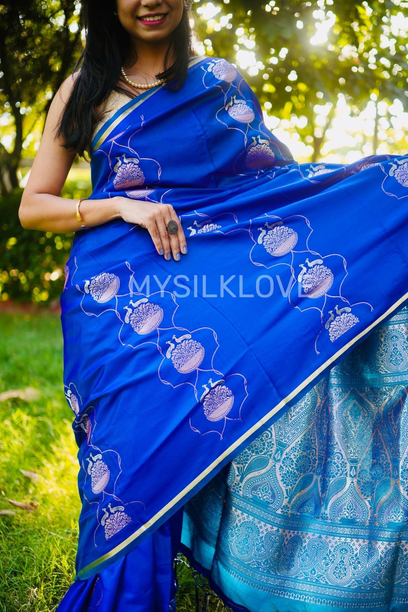 Buy MySilkLove Royal Blue Handloom Satin Silk Saree Online