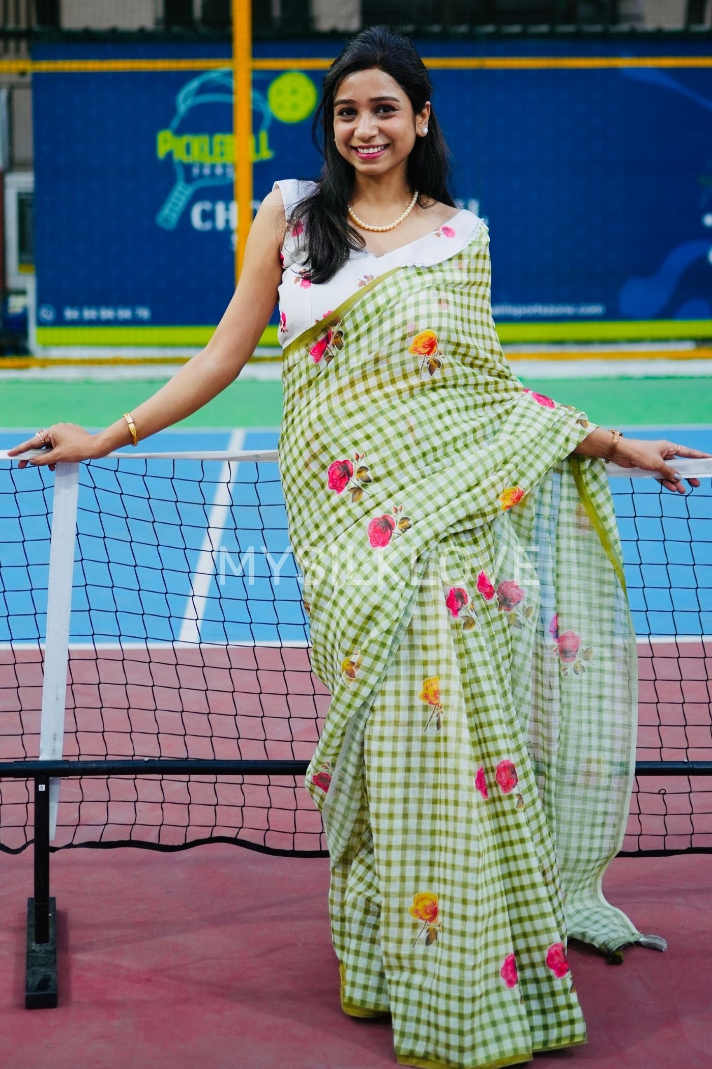 Buy MySilkLove Apple Green Soft Linen Cotton Printed Saree Online
