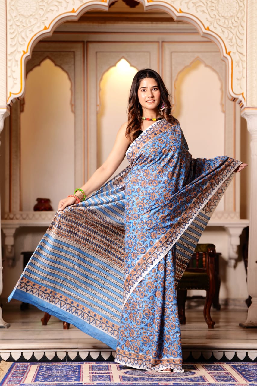 Buy MySilkLove Hoki Blue Pure Cotton Handblock Printed Saree Online