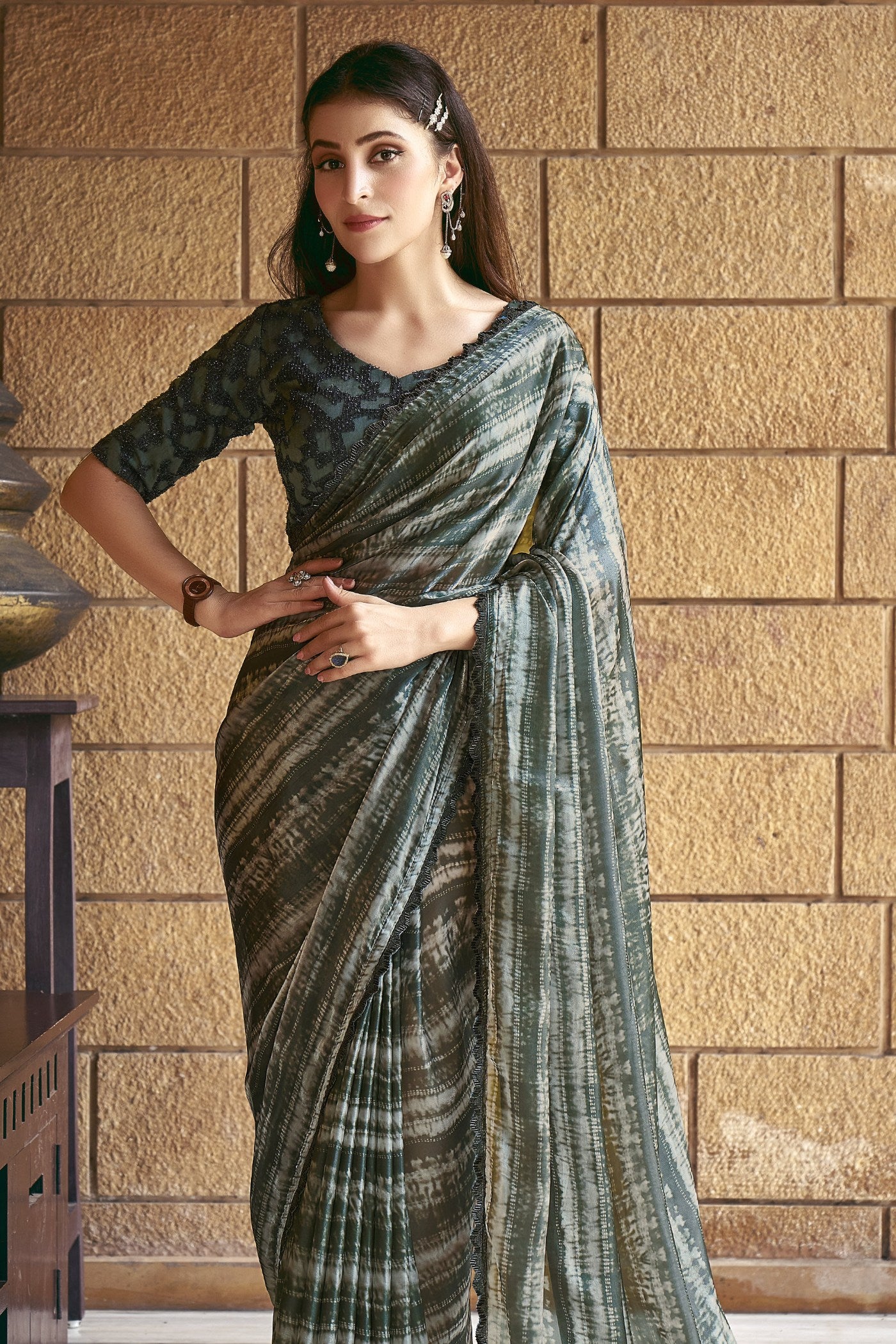 MySilkLove Siam Green Satin Printed Silk Saree