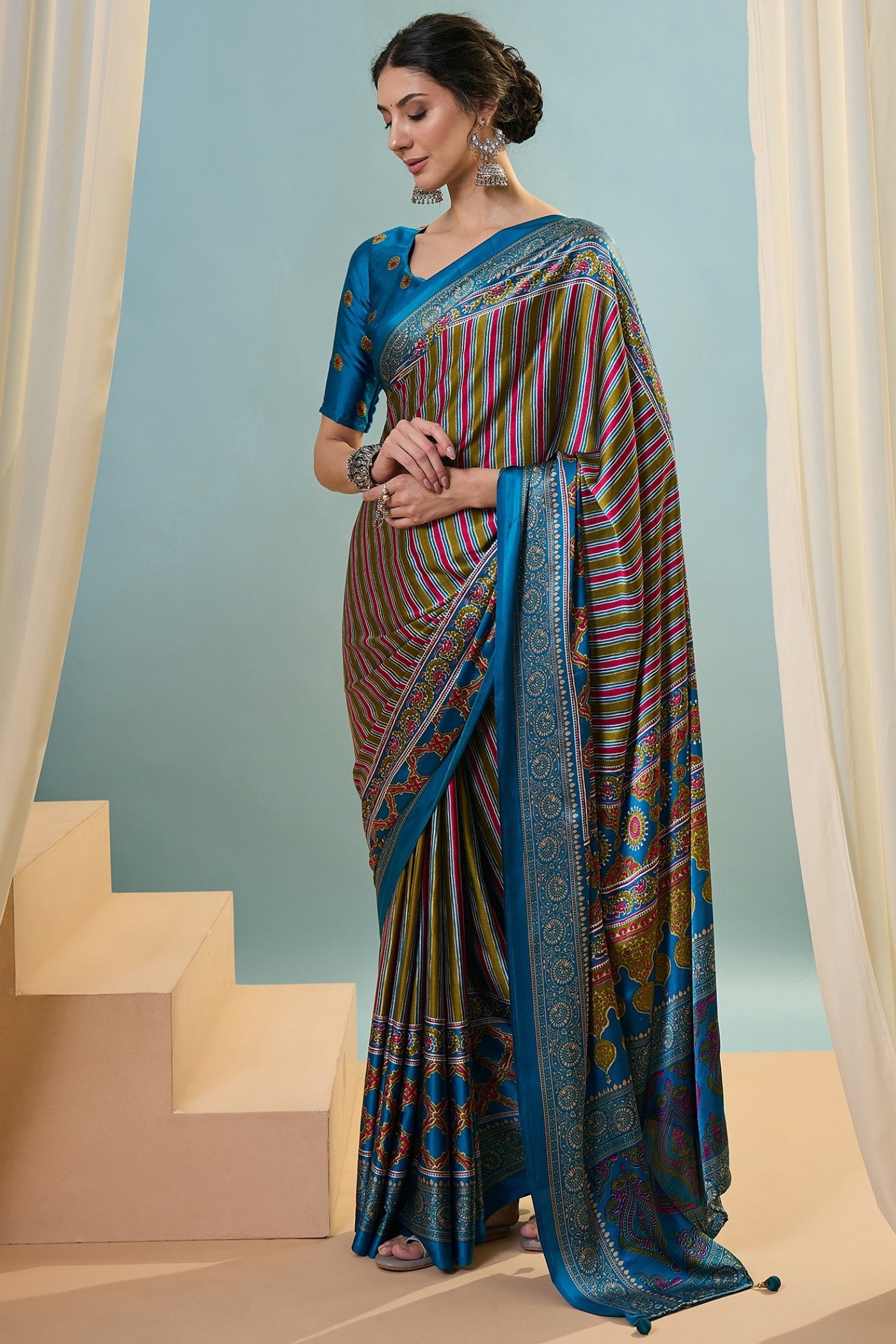 Buy MySilkLove Virella Blue Ajrakh Printed Satin Crepe Silk Saree Online