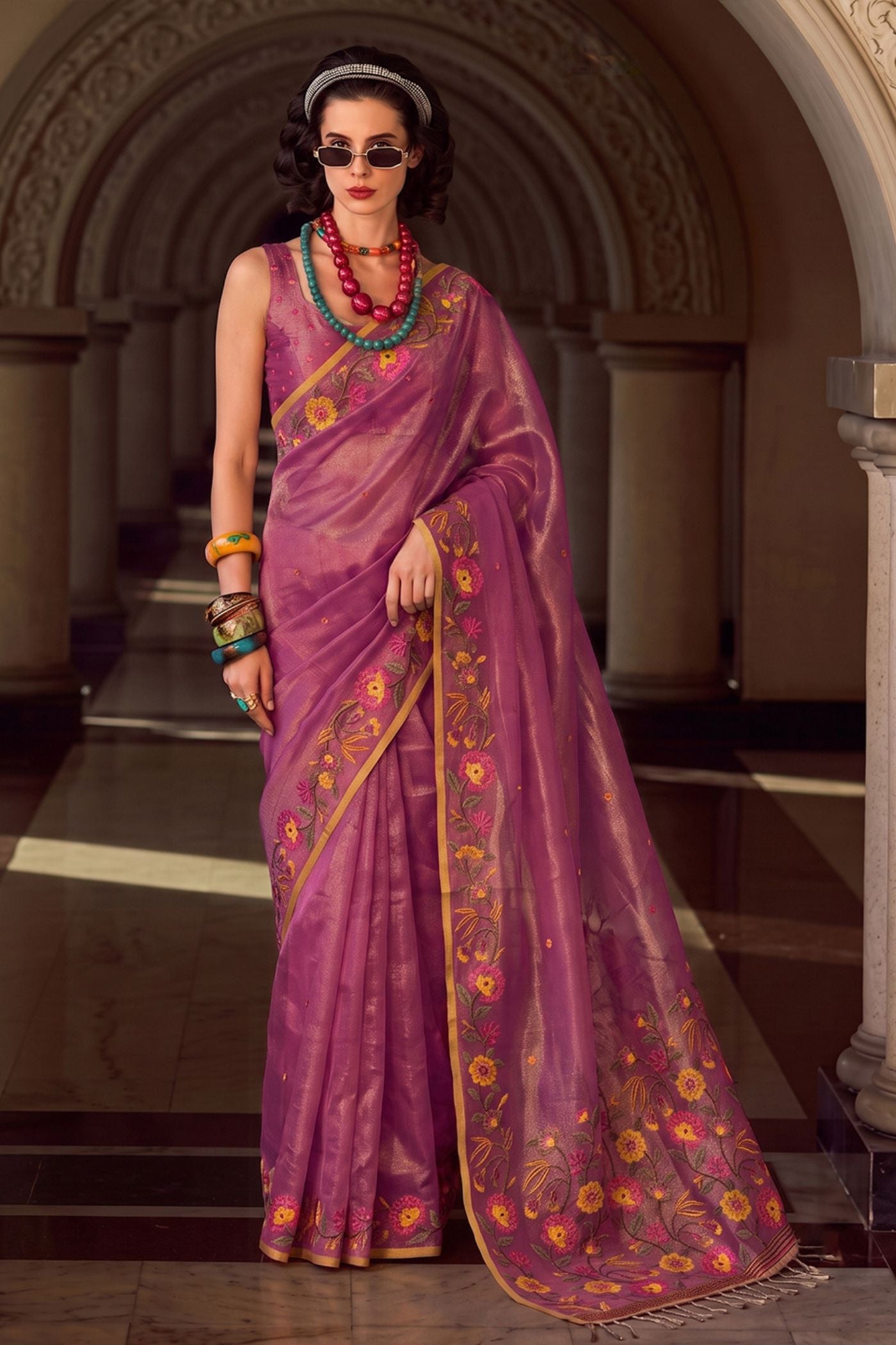 Buy MySilkLove Magenta Pink Woven Floral Tissue Saree Online