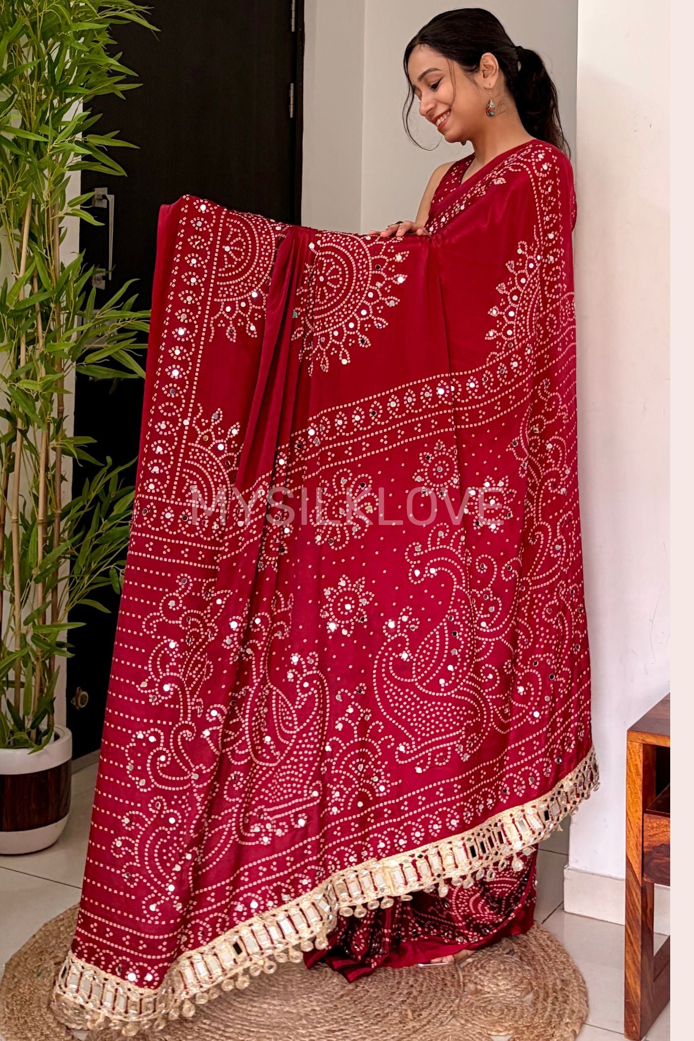 Buy MySilkLove Coral Red Bandhani Gaji Satin Mirror Work Silk Crepe Saree Online