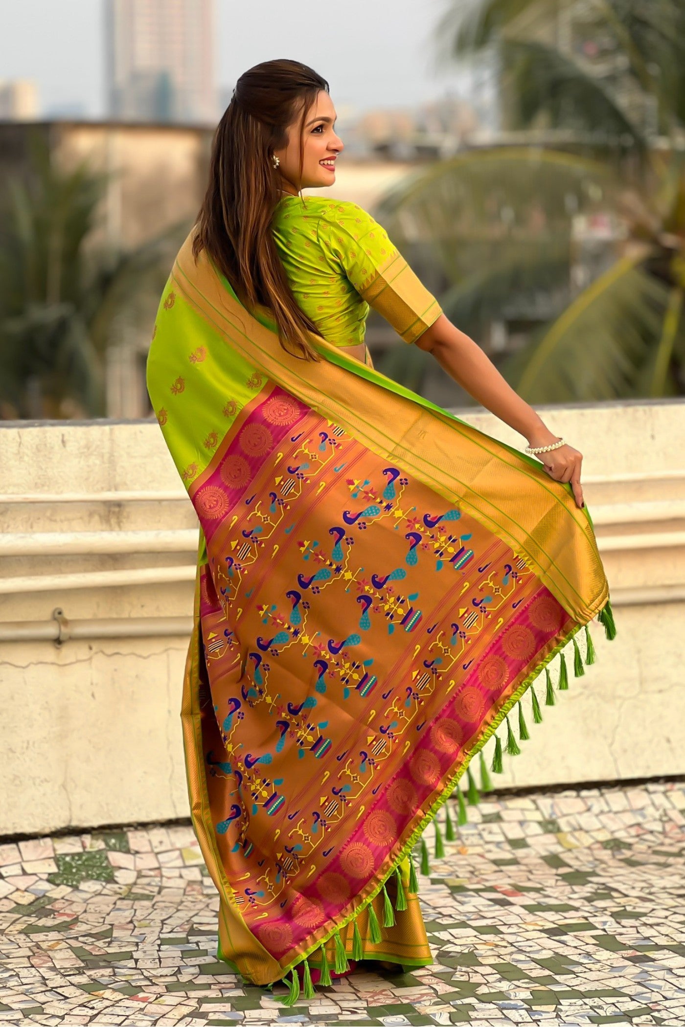 Buy MySilkLove Parrot Green Zari Woven Nath Paithani Saree Online