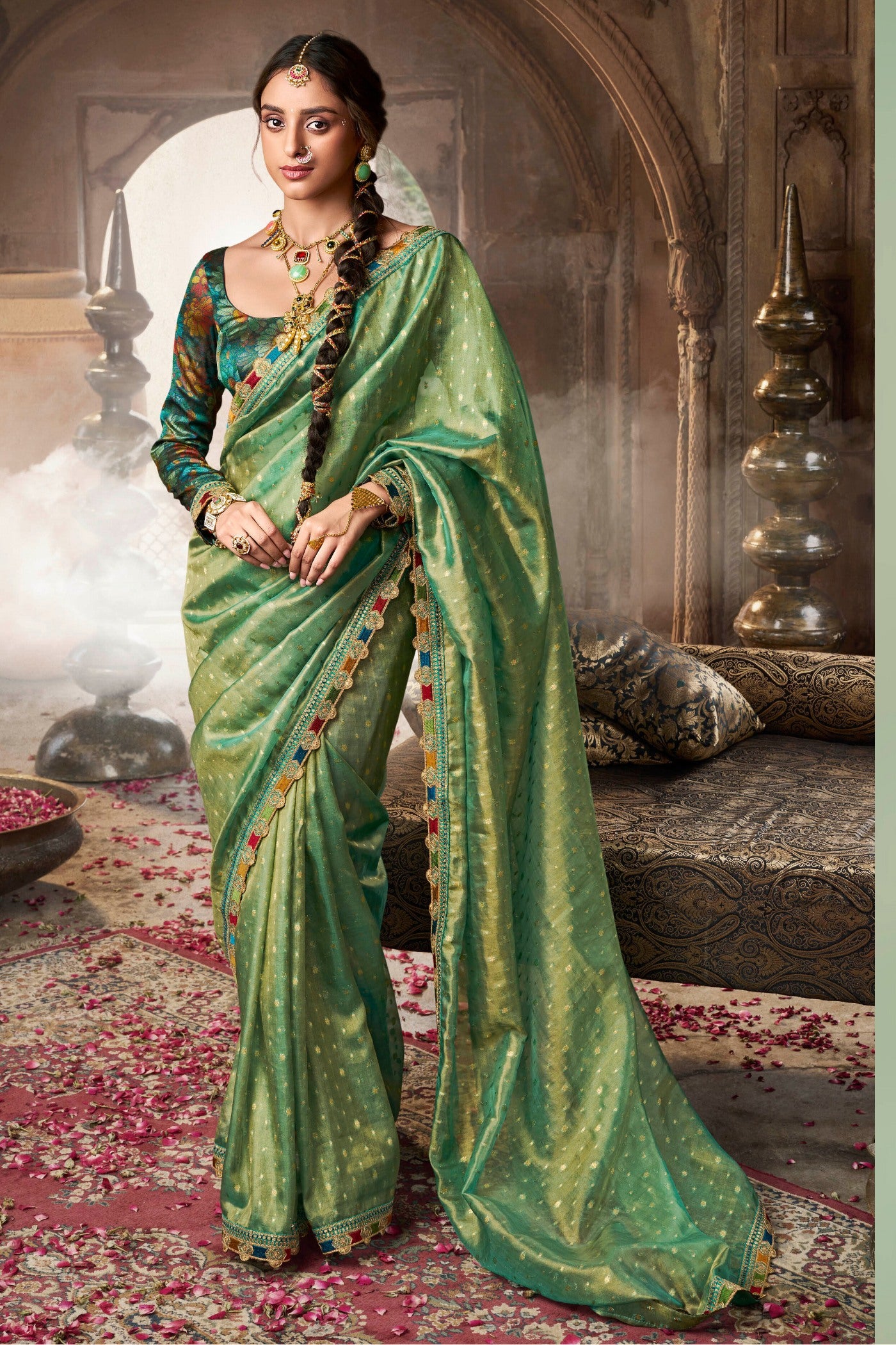 Buy MySilkLove Highland Green Tissue Designer Saree Online