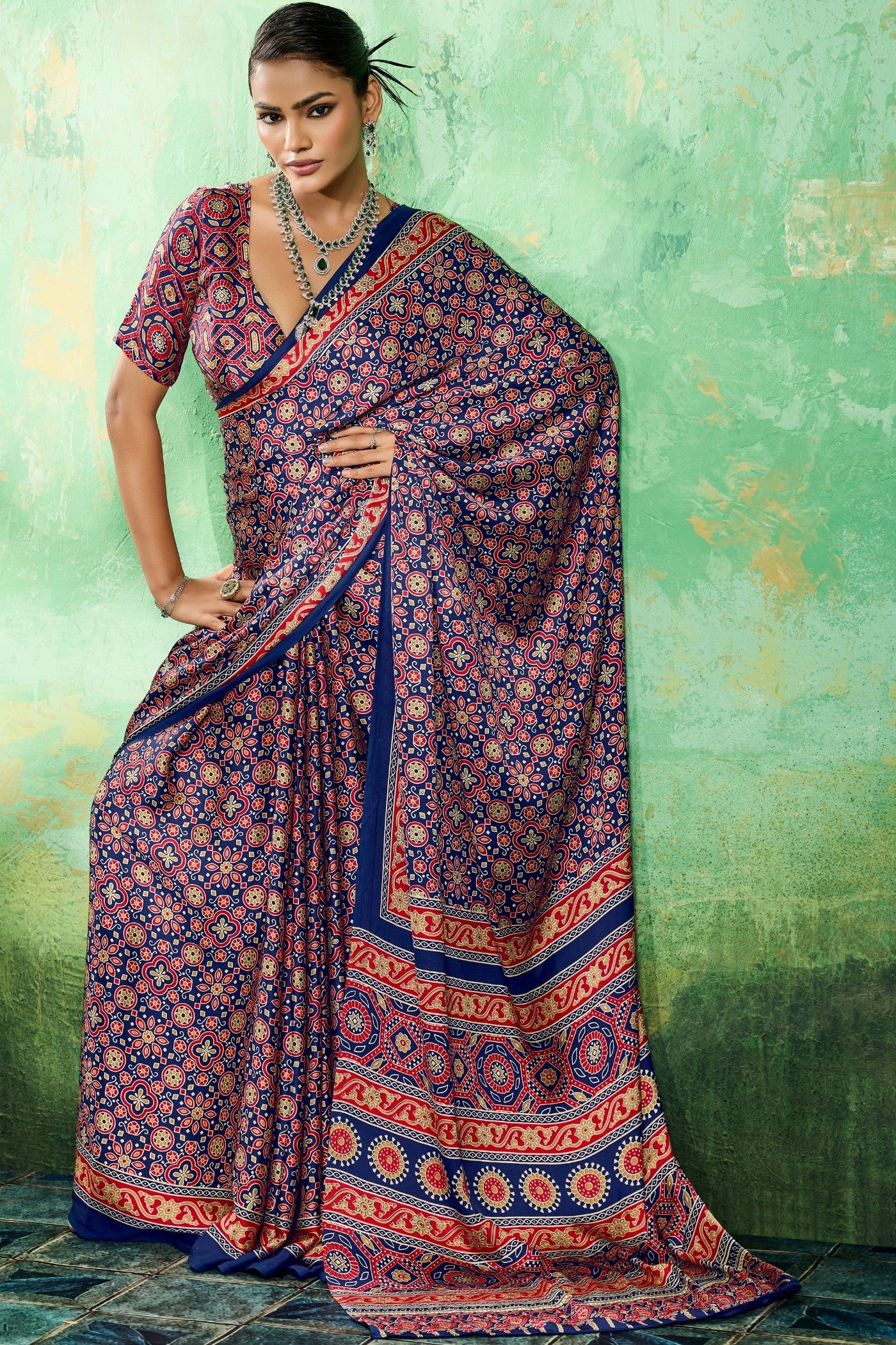 Buy MySilkLove Crystal Blue Modal Ajrakh Satin Printed Silk Saree Online