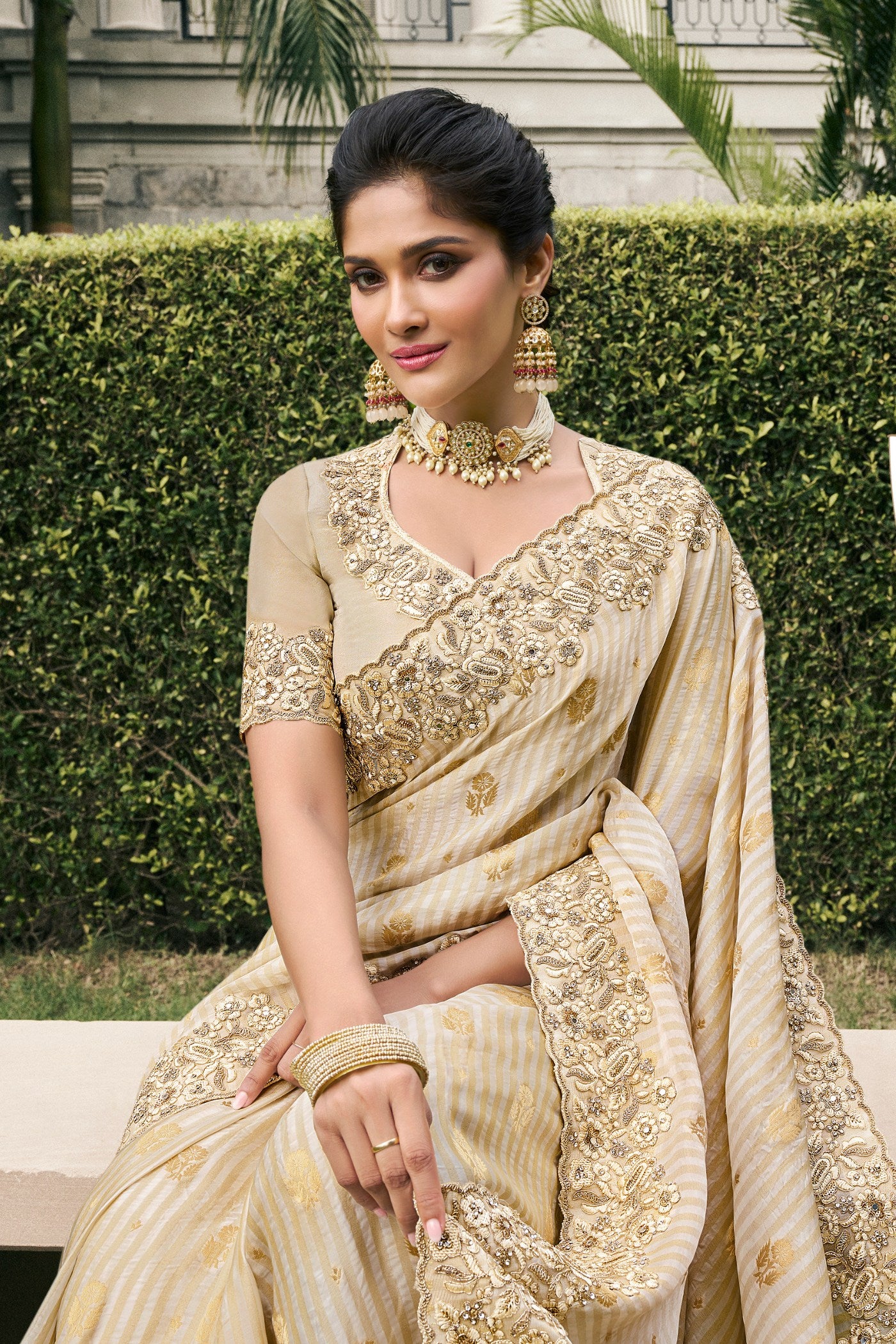 MySilkLove Cameo Cream Banarasi Designer Embroidered Saree