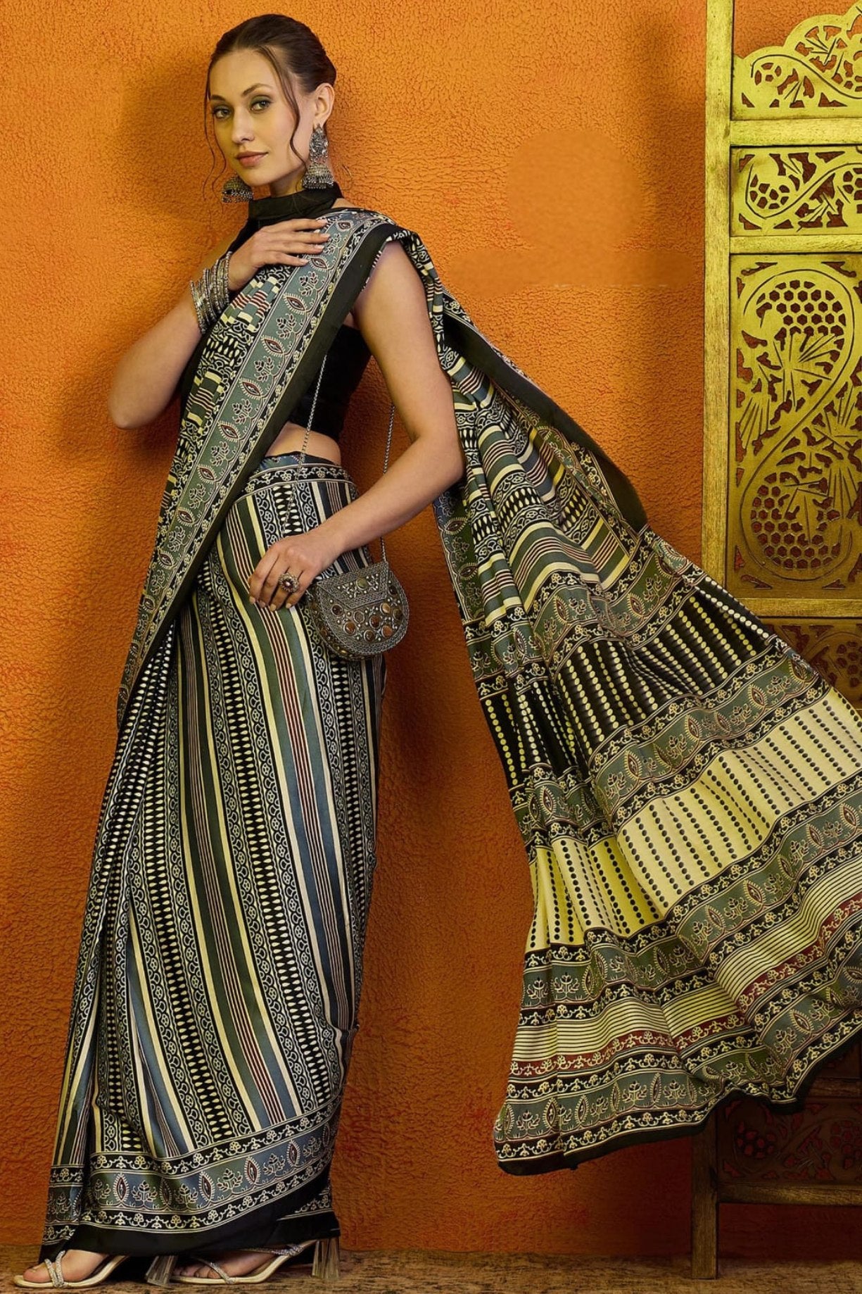 Buy MySilkLove Birch Grey Printed Ajrakh Satin Crepe Saree Online