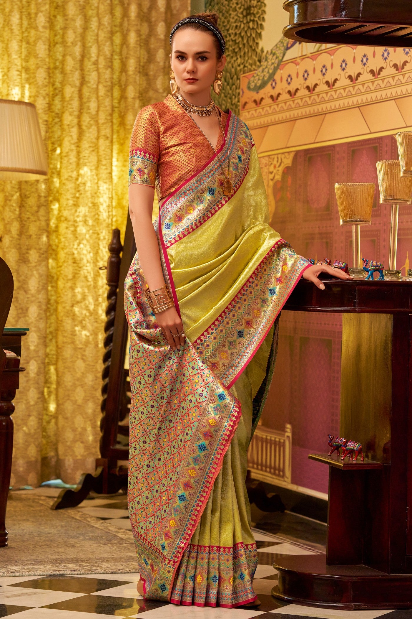 Buy MySilkLove Fuel Yellow Woven Tissue Silk Saree Online