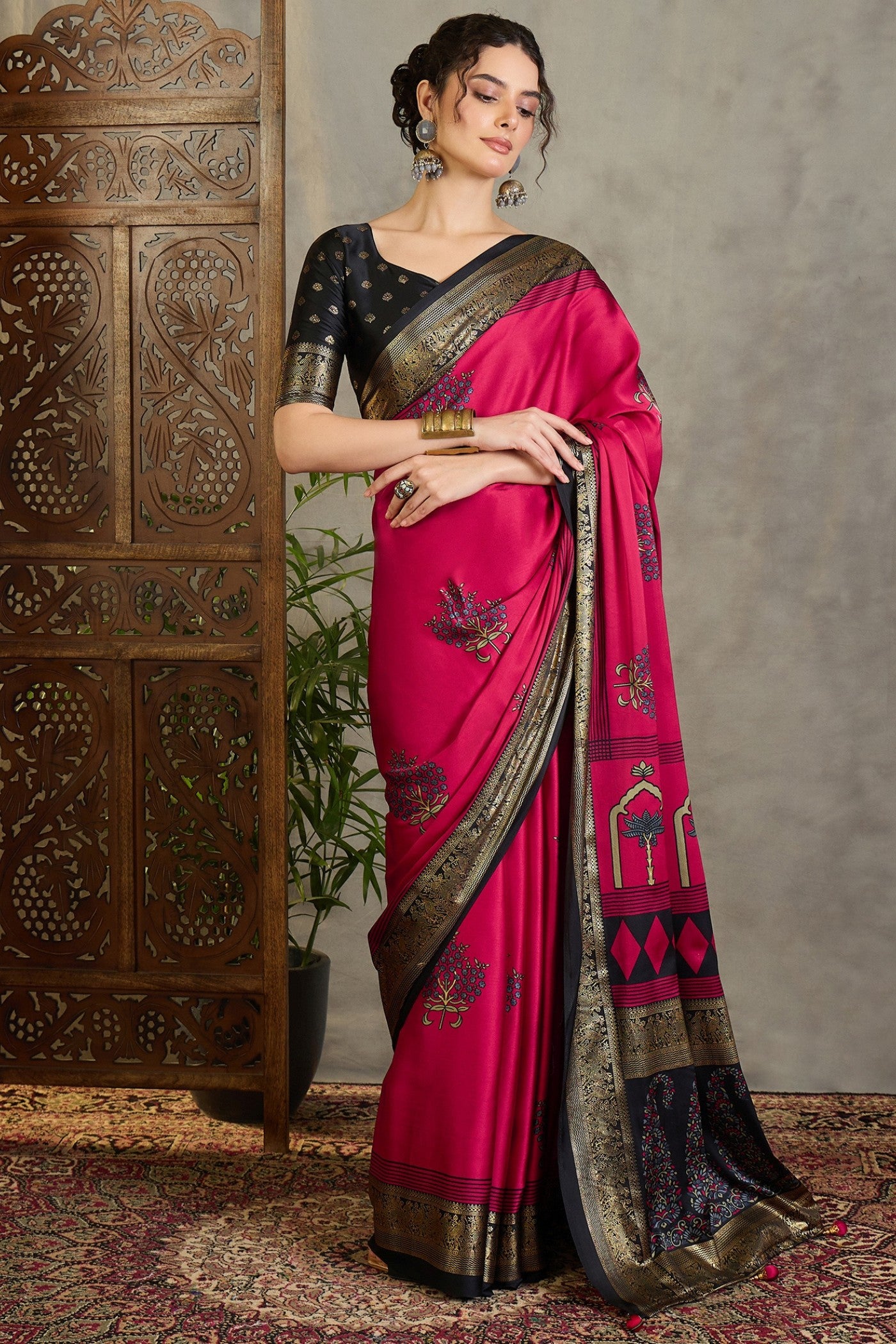 Buy MySilkLove Auburn Red and Black Printed Satin Crepe Silk Saree Online