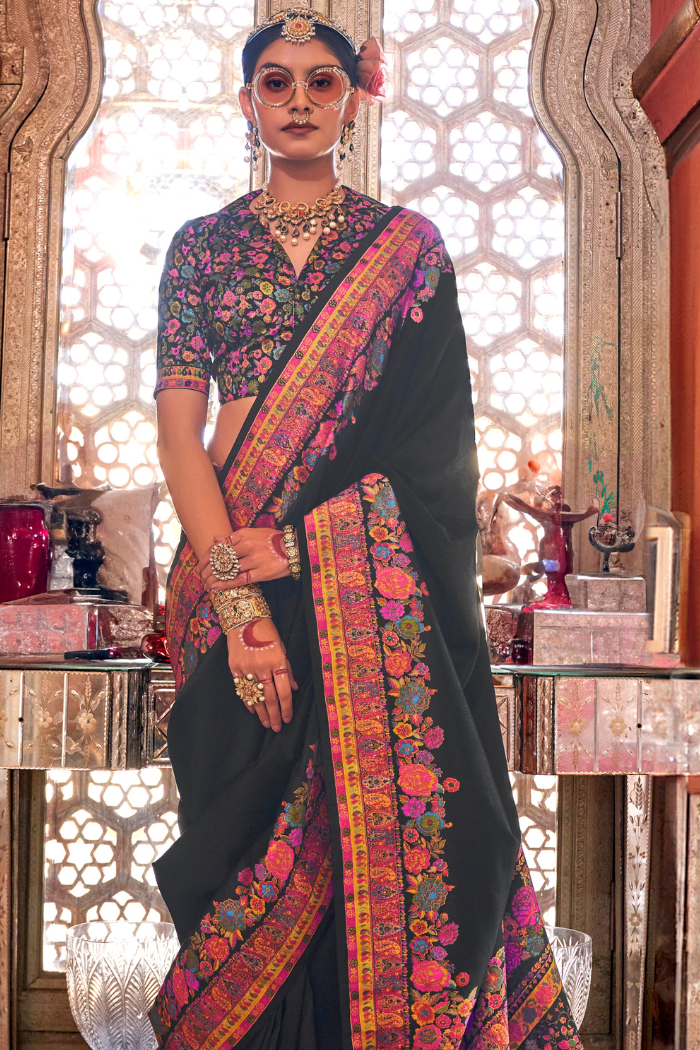 Buy MySilkLove Cape Cod Black Printed Banarasi Saree Online