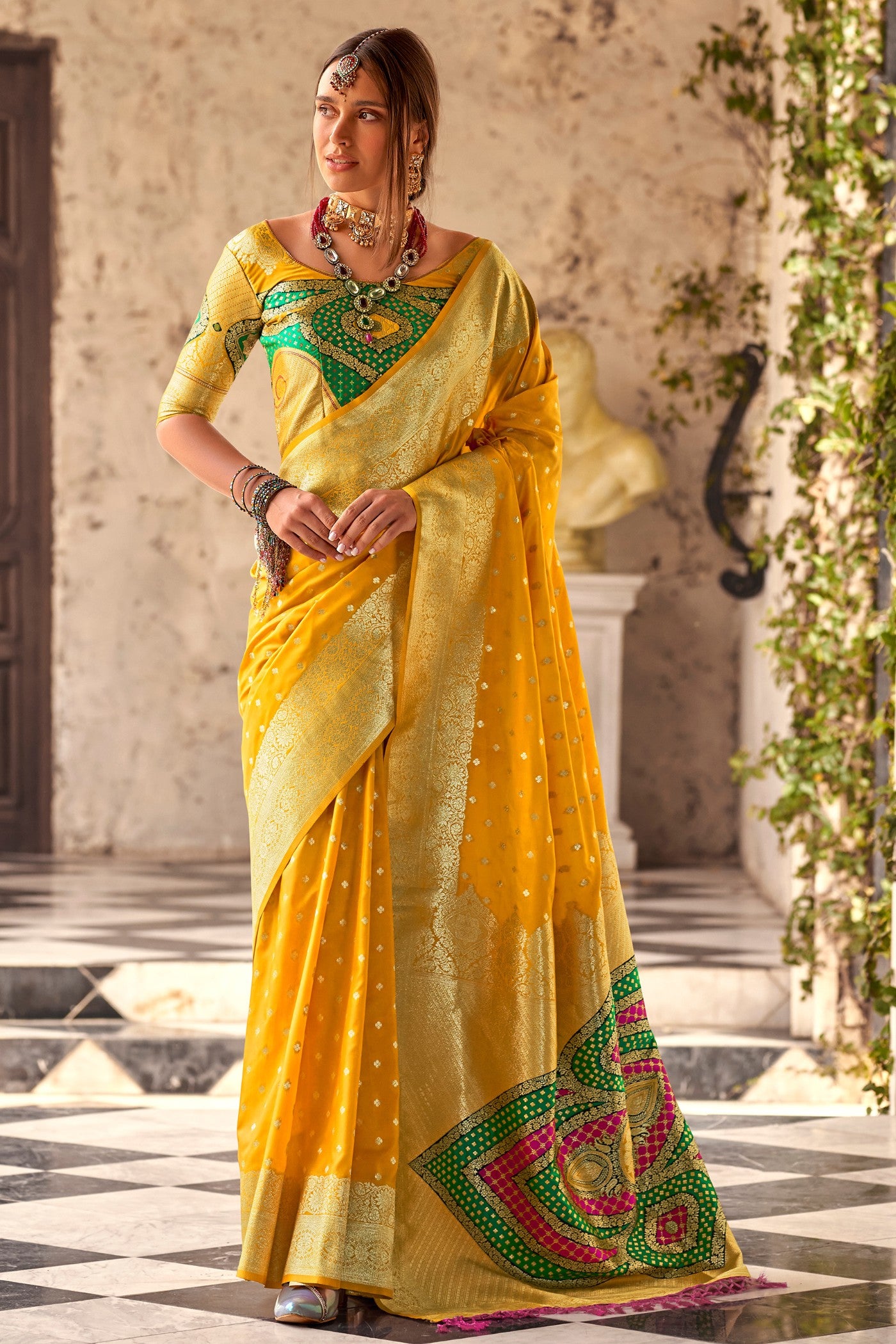 Buy MySilkLove Sun Flower Yellow Woven Banarasi Soft Silk Saree Online