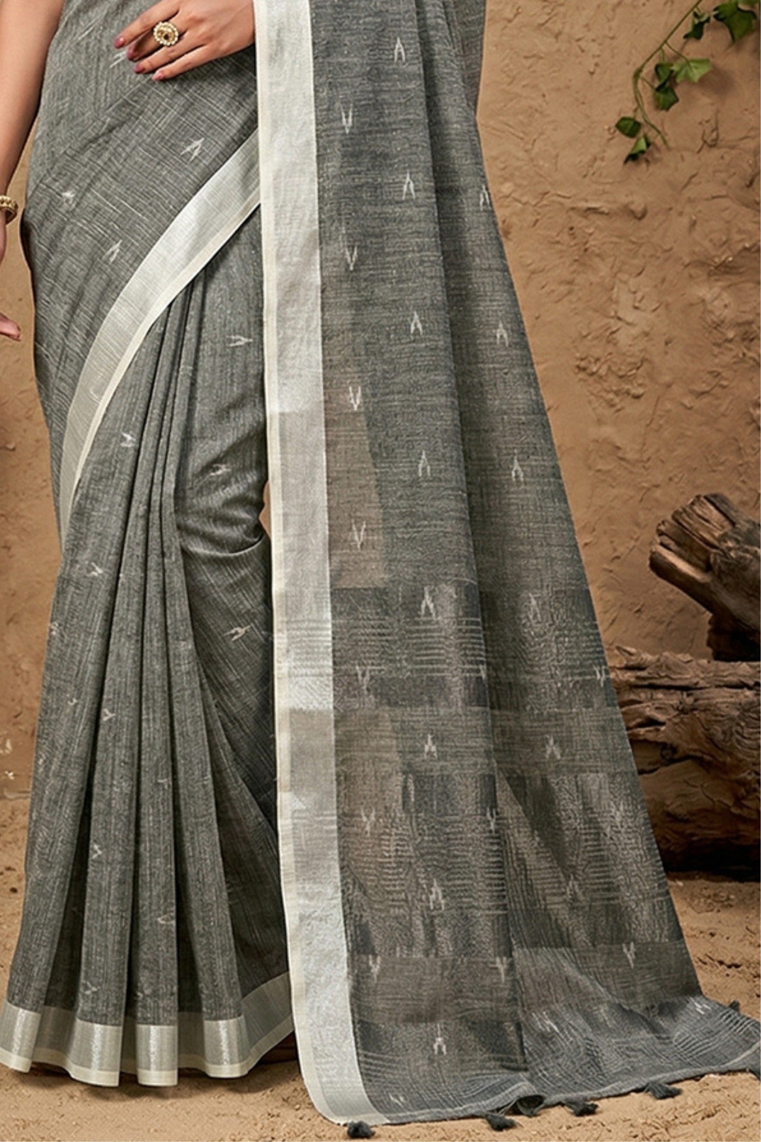 Buy MySilkLove Fog Grey Woven Linen Cotton Saree Online