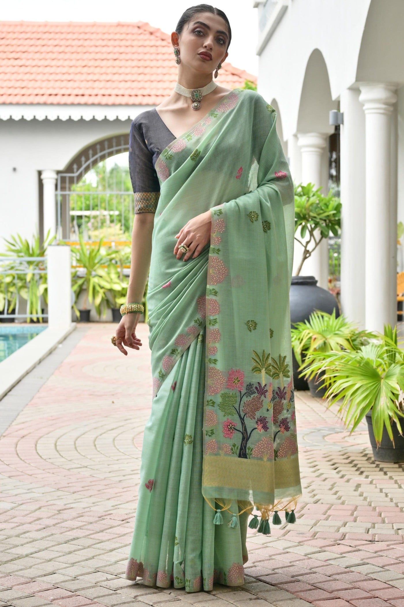 Buy MySilkLove Mentor Green Woven Muga Cotton Saree Online