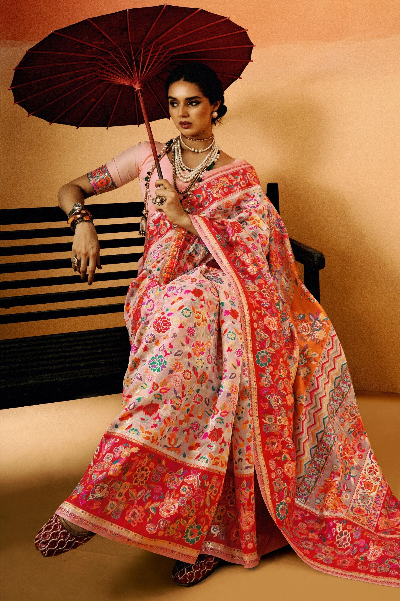 MySilkLove Baby Pink Kashmiri Handloom Jamewar Saree