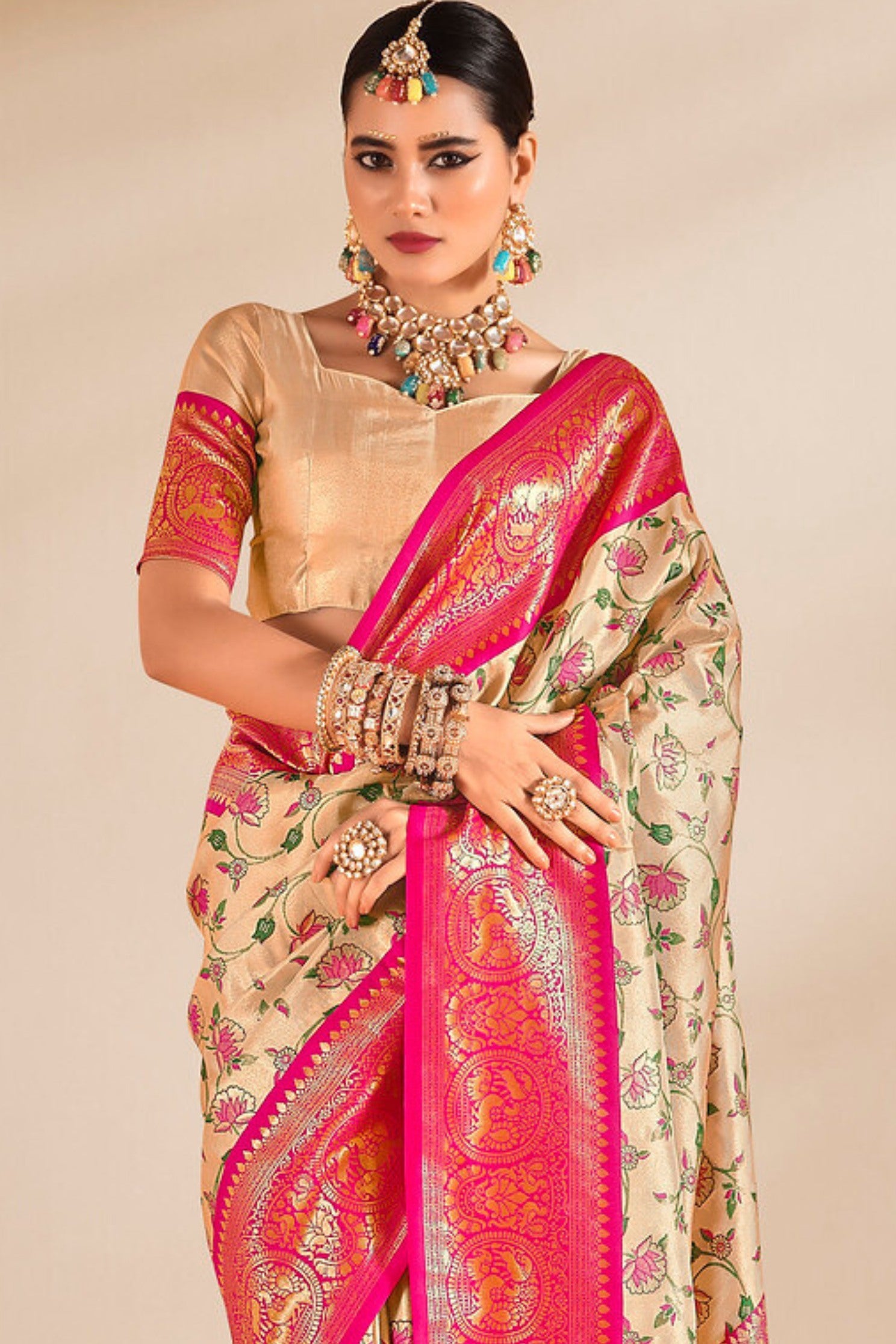 Buy MySilkLove Wheat Cream and Pink Zari Woven Banarasi Saree Online