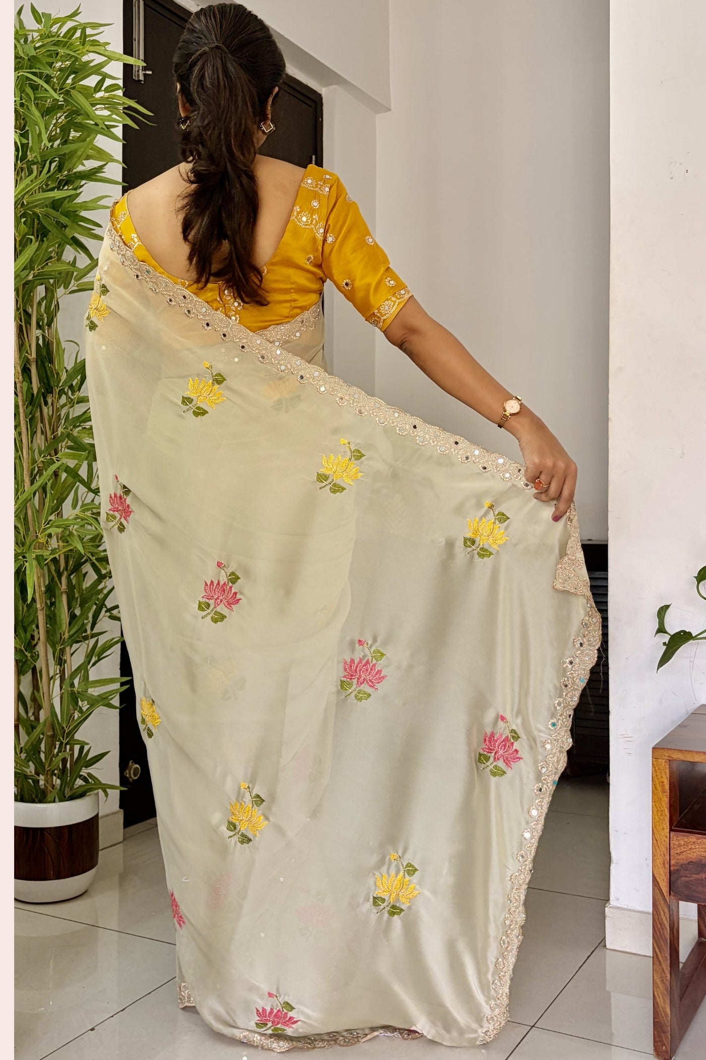 Buy MySilkLove Dutch Cream and Yellow Embroidery Chiffon Floral Saree Online