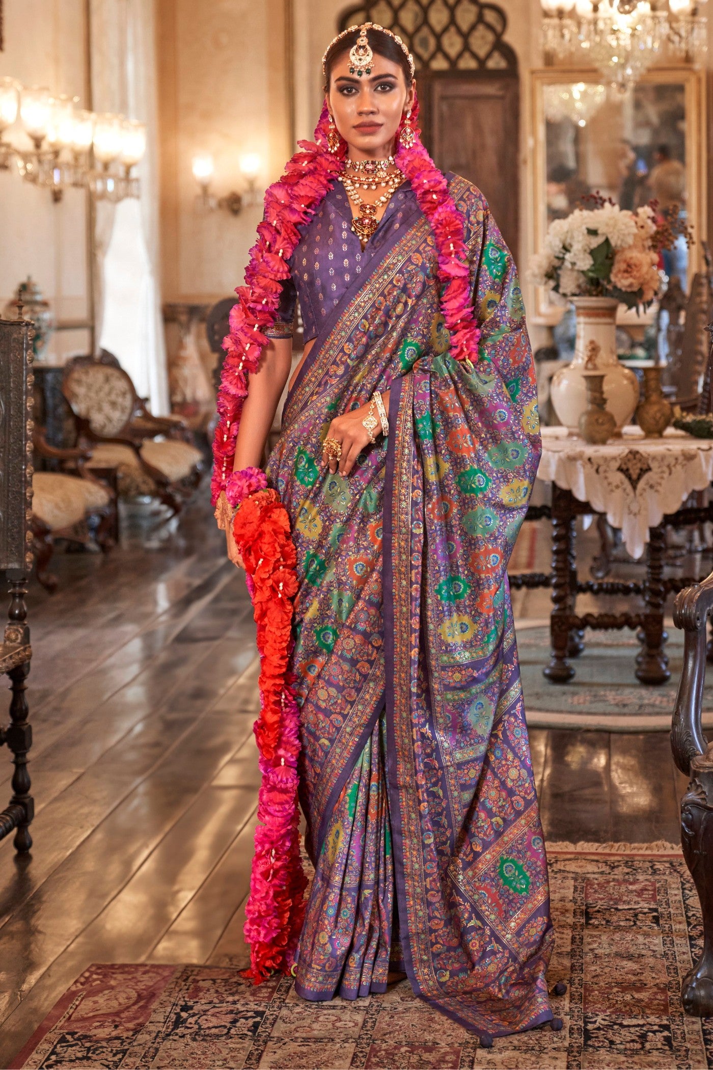 Buy MySilkLove Dusty Purple Printed Jamewar Saree Online