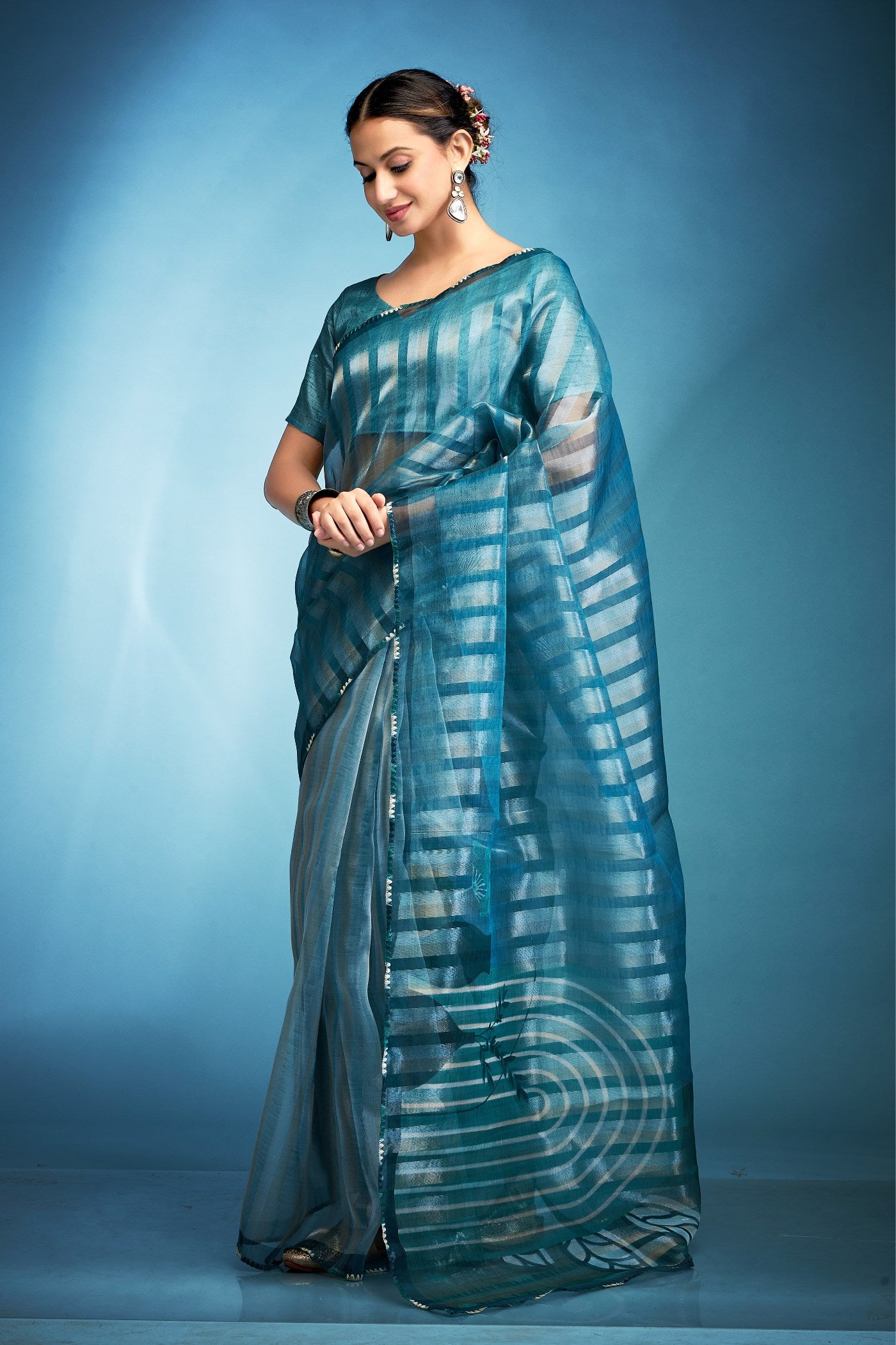 Buy MySilkLove Windows Blue Printed Tissue Saree Online