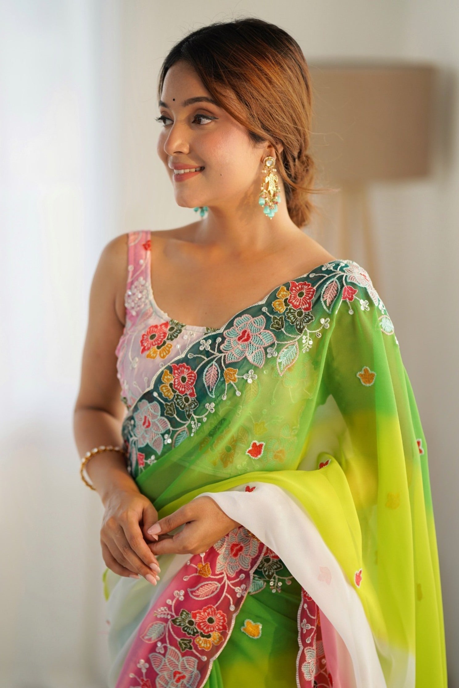 Buy MySilkLove Parrot Green and White Georgette Saree Online