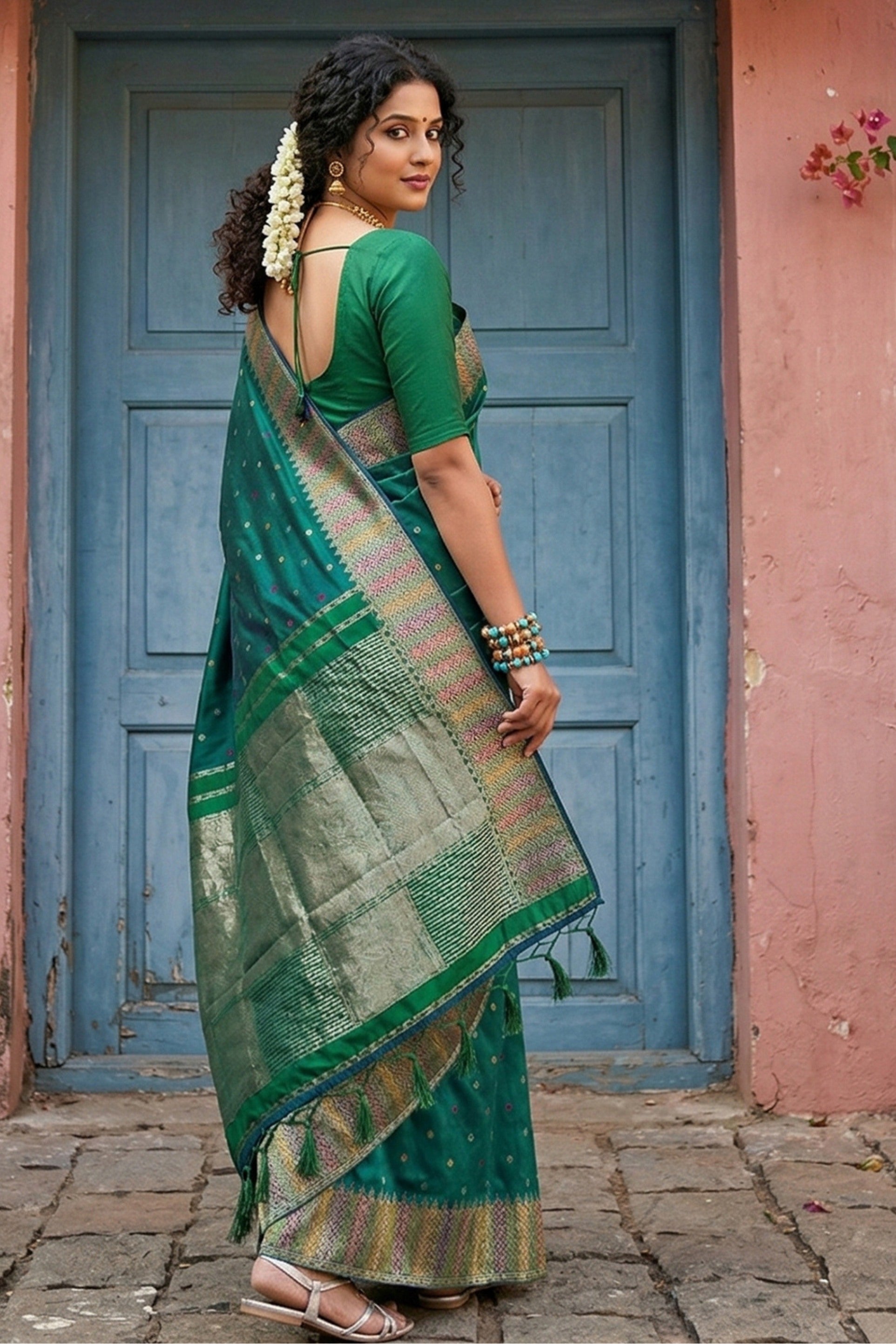 MySilkLove Bottle Green Woven Banarasi Silk Saree