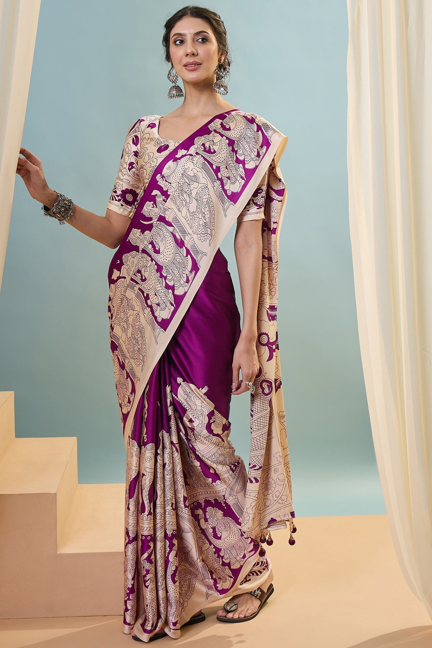 Buy MySilkLove Jam Purple Ajrakh Printed Satin Crepe Silk Saree Online