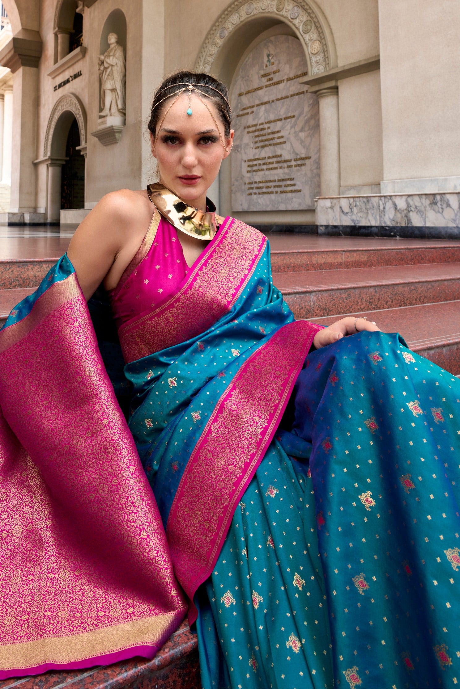 Buy MySilkLove Metallic Blue Zari Woven Banarasi Soft Silk Saree Online