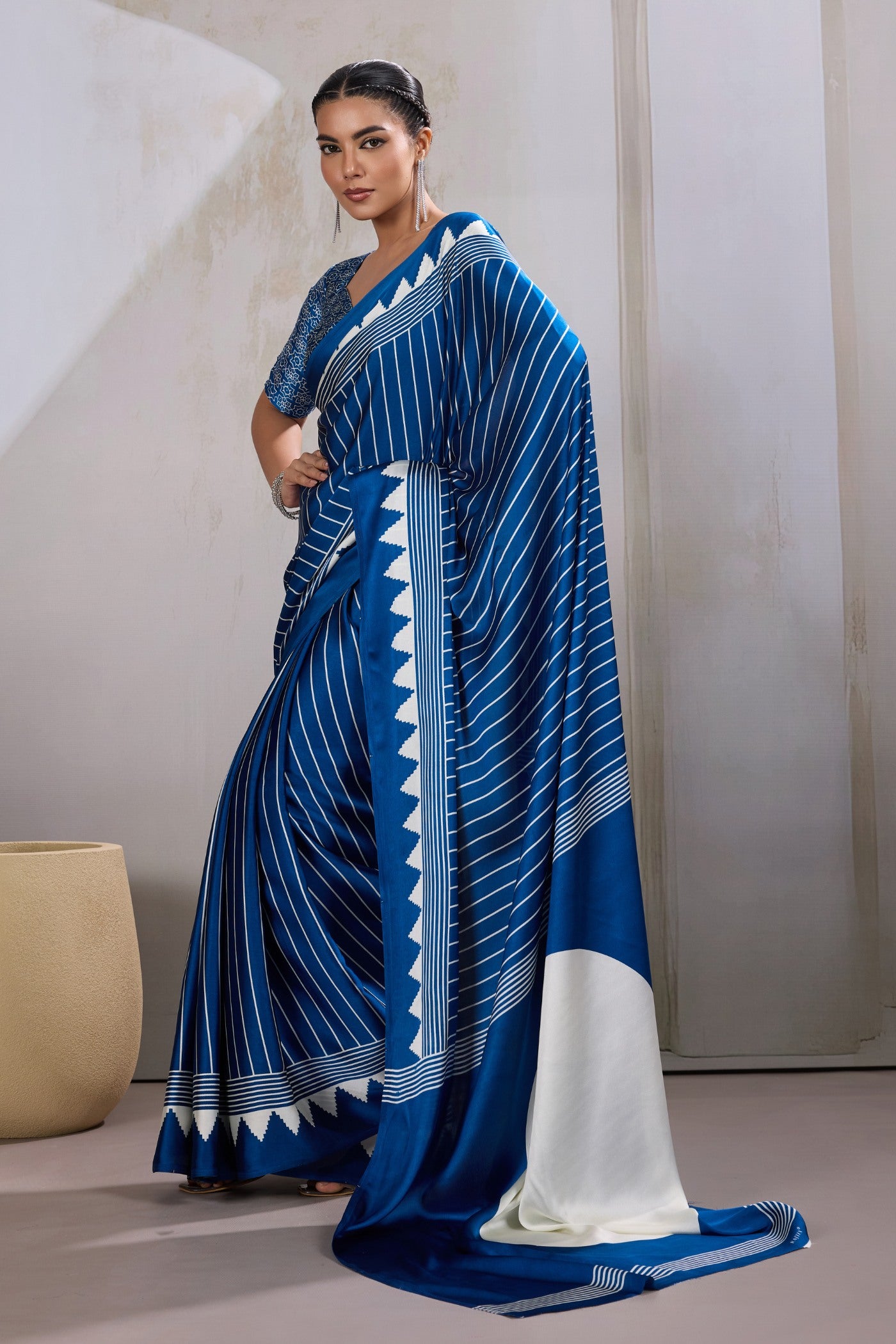 Buy MySilkLove Carolina Blue Ajrakh Printed Satin Crepe Silk Saree Online