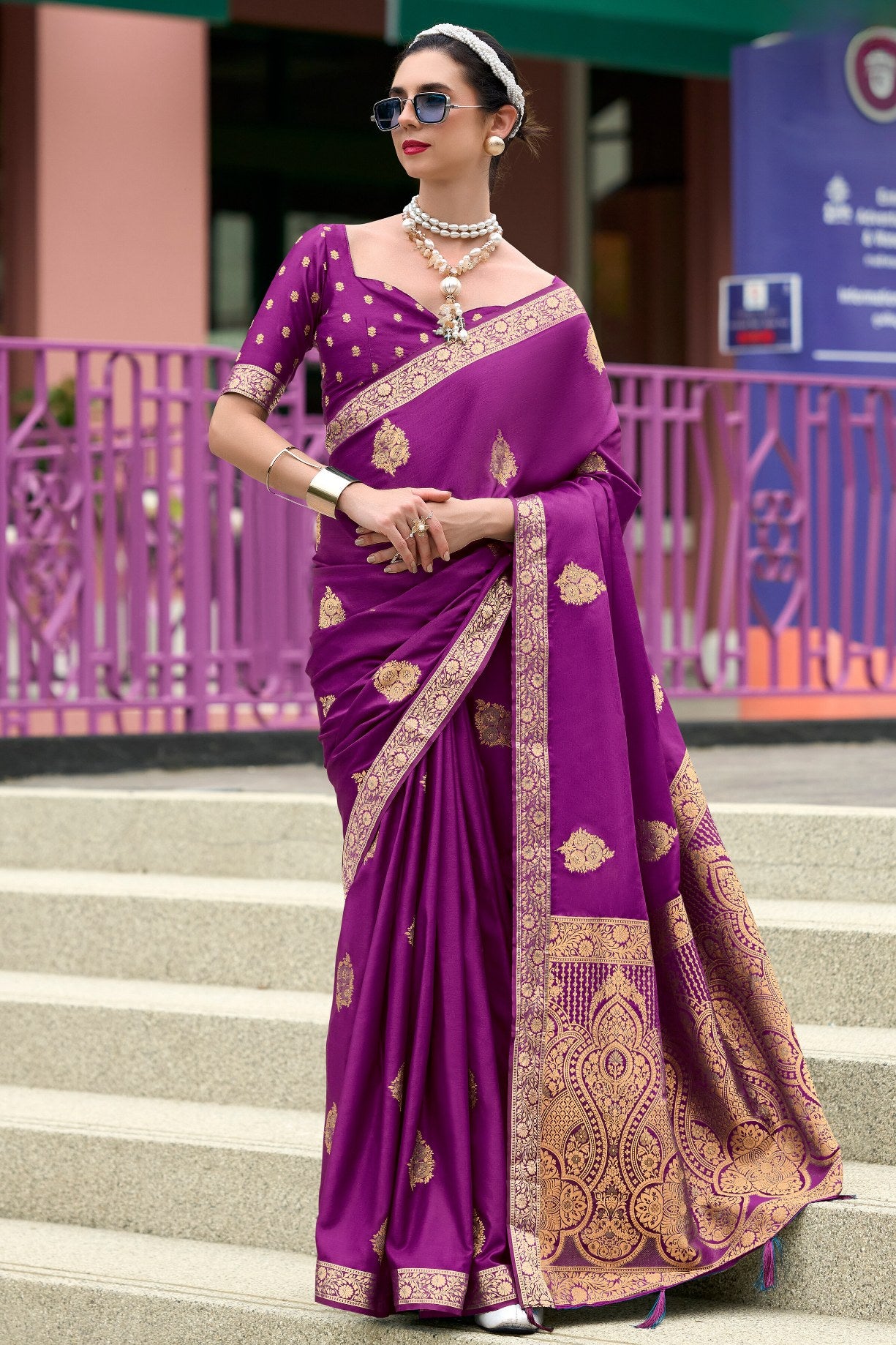 Buy MySilkLove Midnight Pearl Purple Banarasi Handloom Satin Saree Online