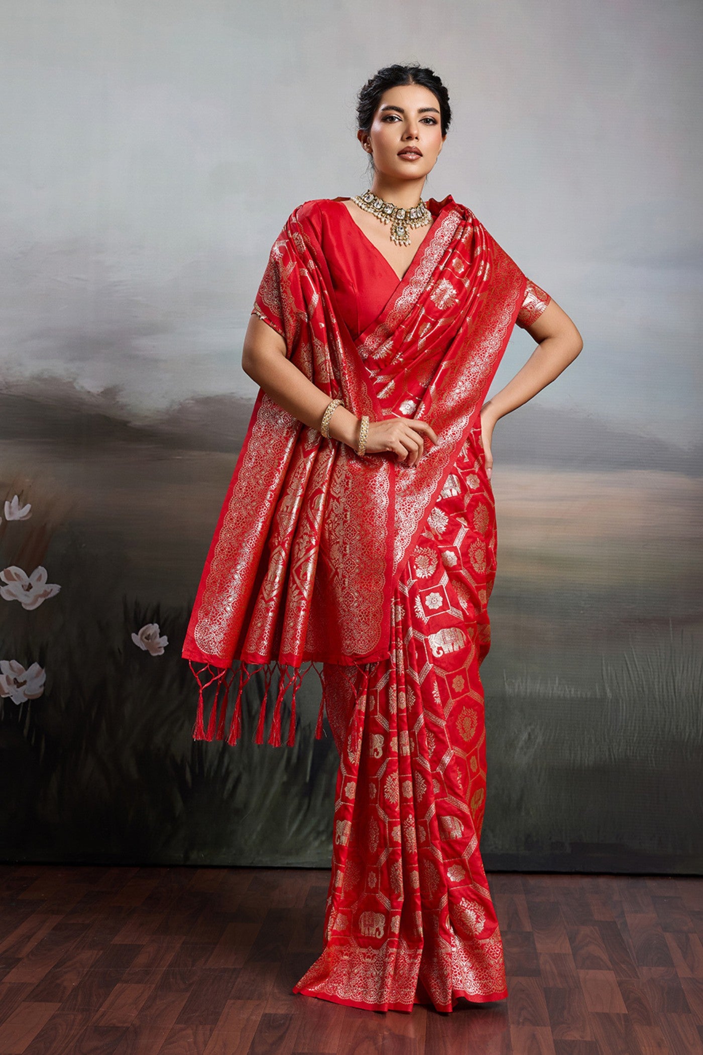 Buy MySilkLove Cardinal Red Woven Banarasi Soft Silk Saree Online
