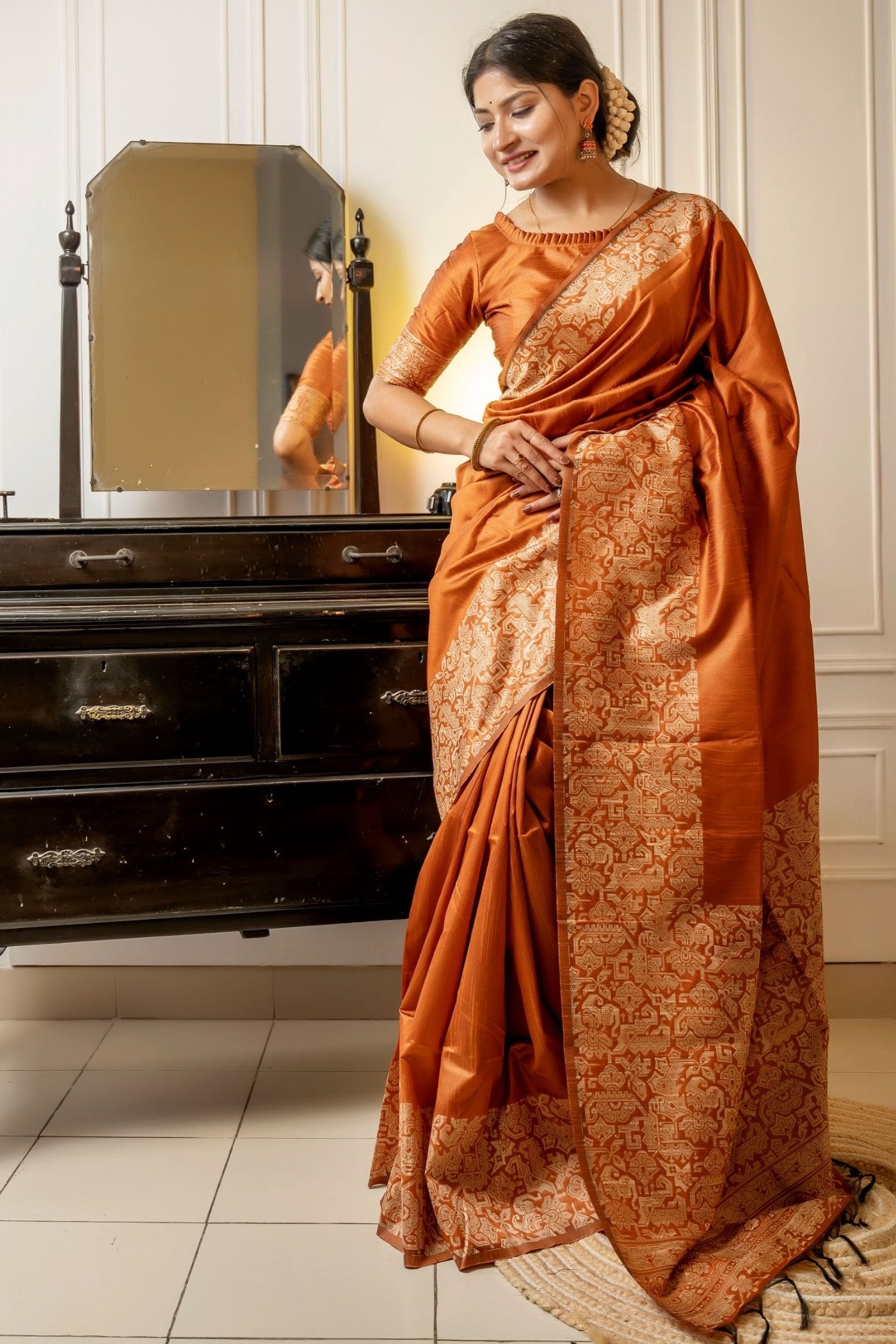 Buy MySilkLove Alloy Orange Banarasi Handloom Raw Silk Saree Online