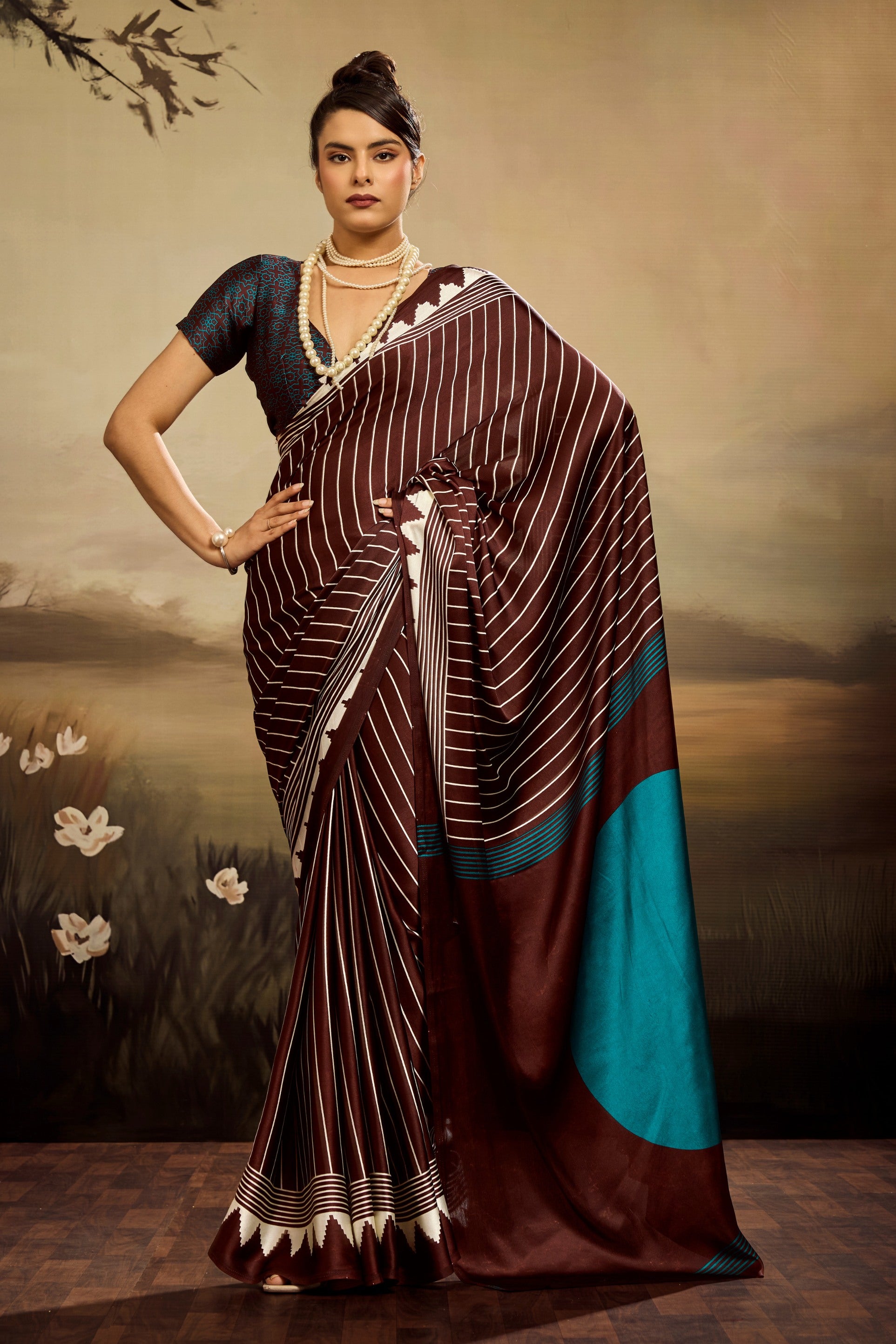 Buy MySilkLove Hickory Brown Ajrakh Printed Satin Crepe Silk Saree Online