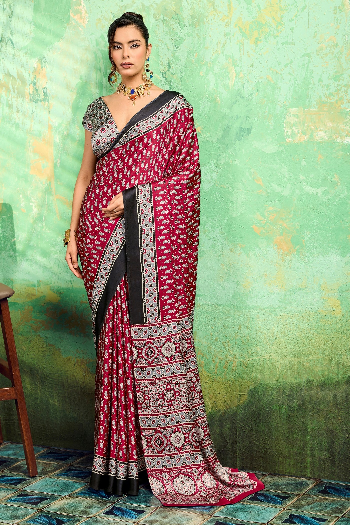 Buy MySilkLove Batorange Red Modal Ajrakh Satin Printed Silk Saree Online