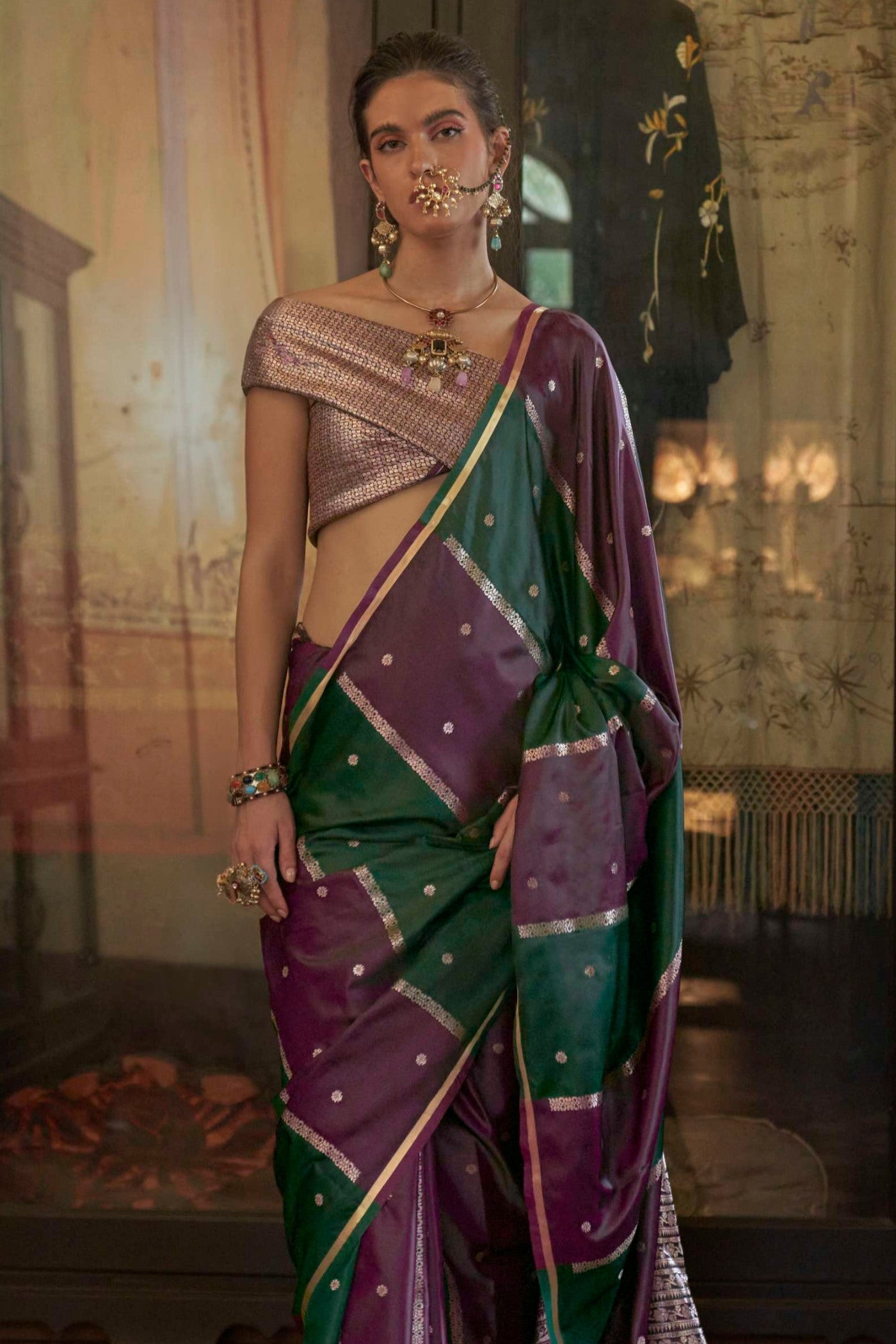 Buy MySilkLove Royal Purple and Green Handloom Rangkat Banarasi Satin Silk Saree Online