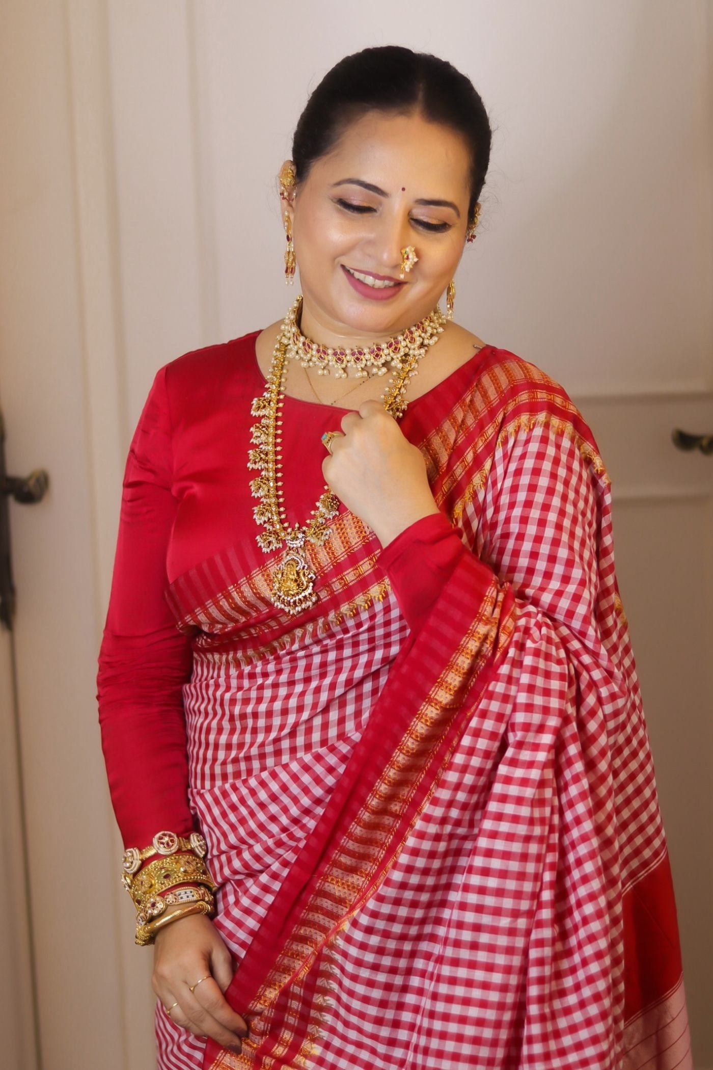 Buy MySilkLove Cherry Red Checks Pattern Pure Silk Irkal Saree Online