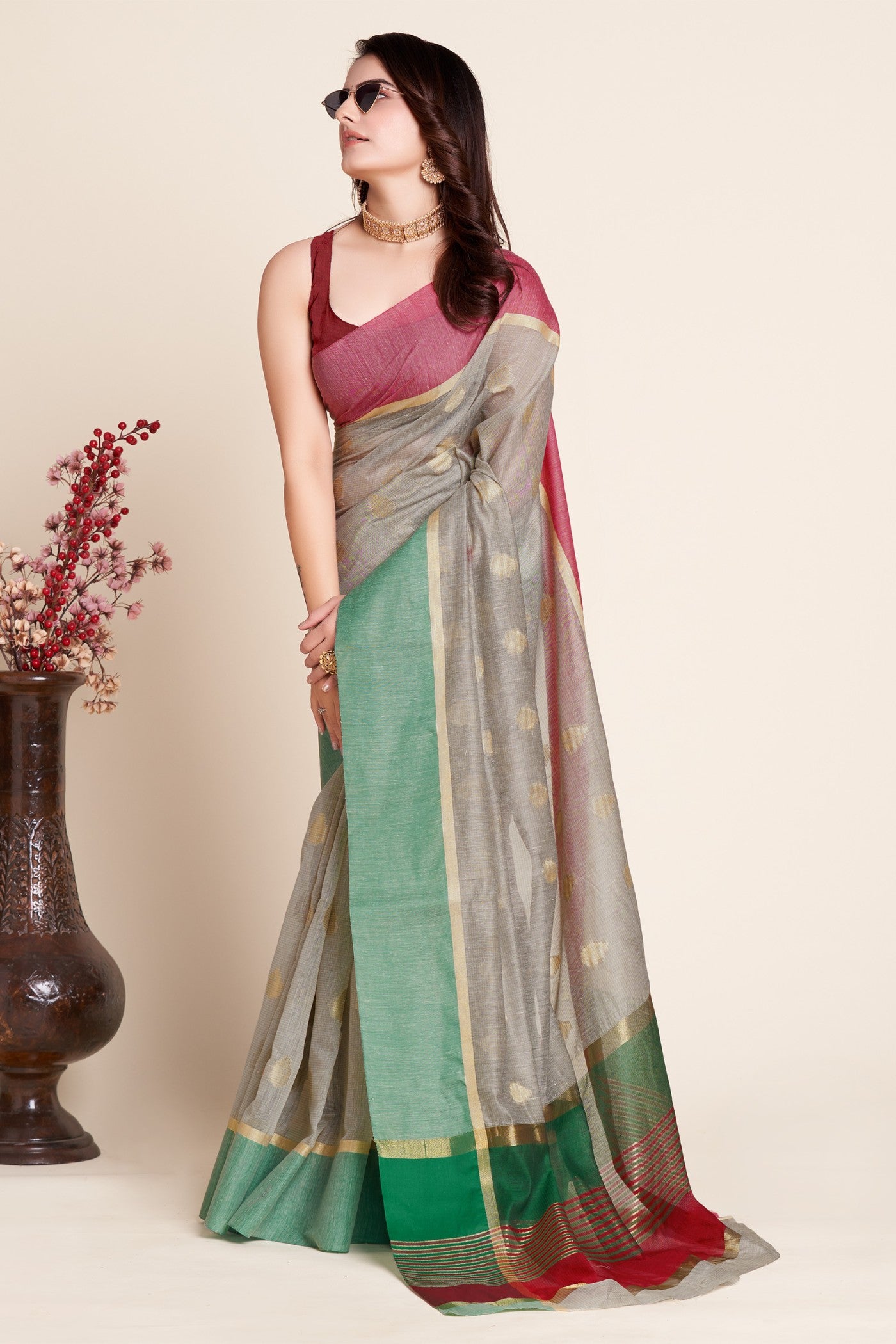 MySilkLove Silver Grey Woven Cotton Saree